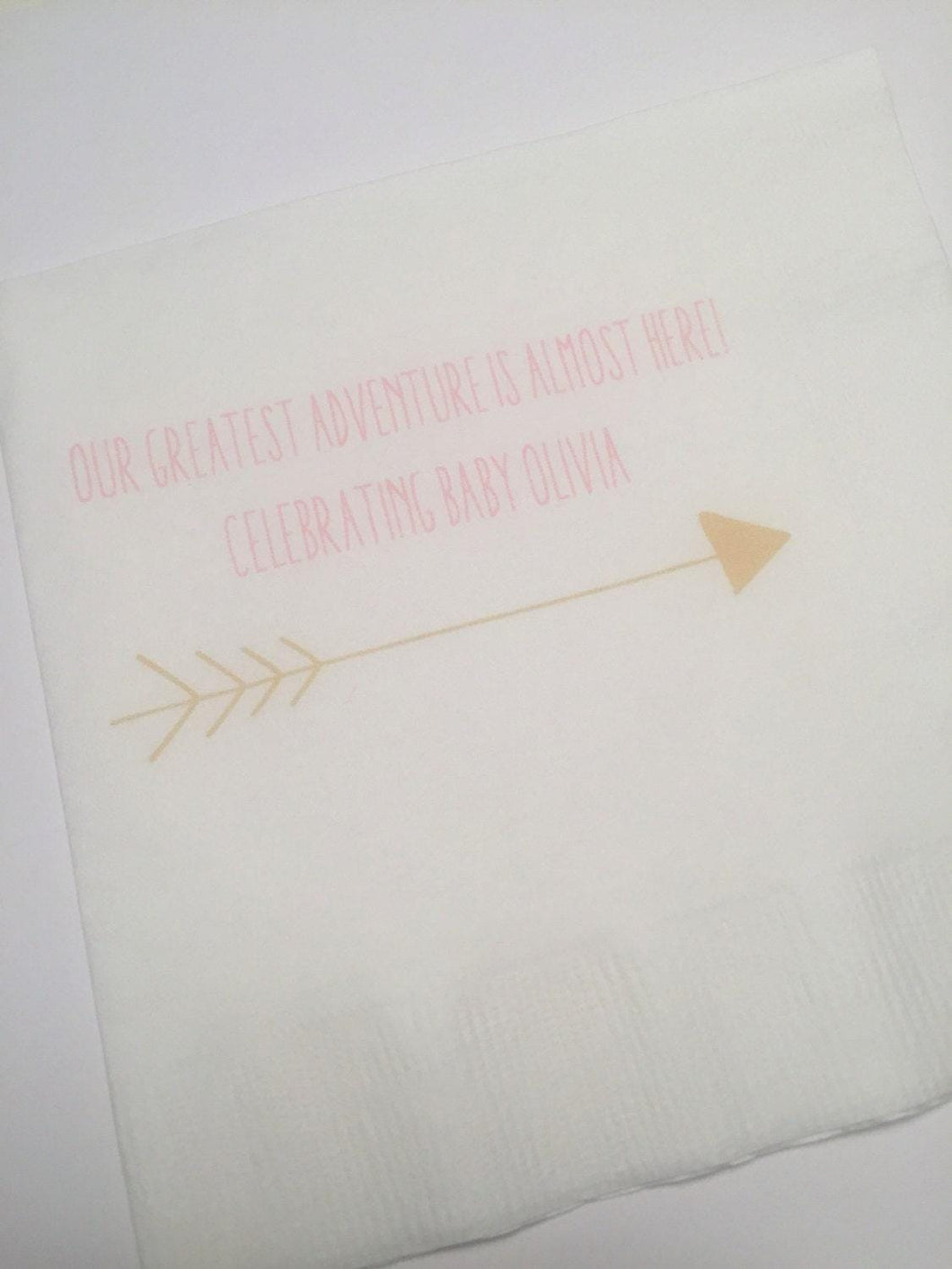 Adventure Begins Pink Gold Greatest Adventure Baby Shower Personalized Cocktail, Luncheon or Dinner Napkins Set of 25