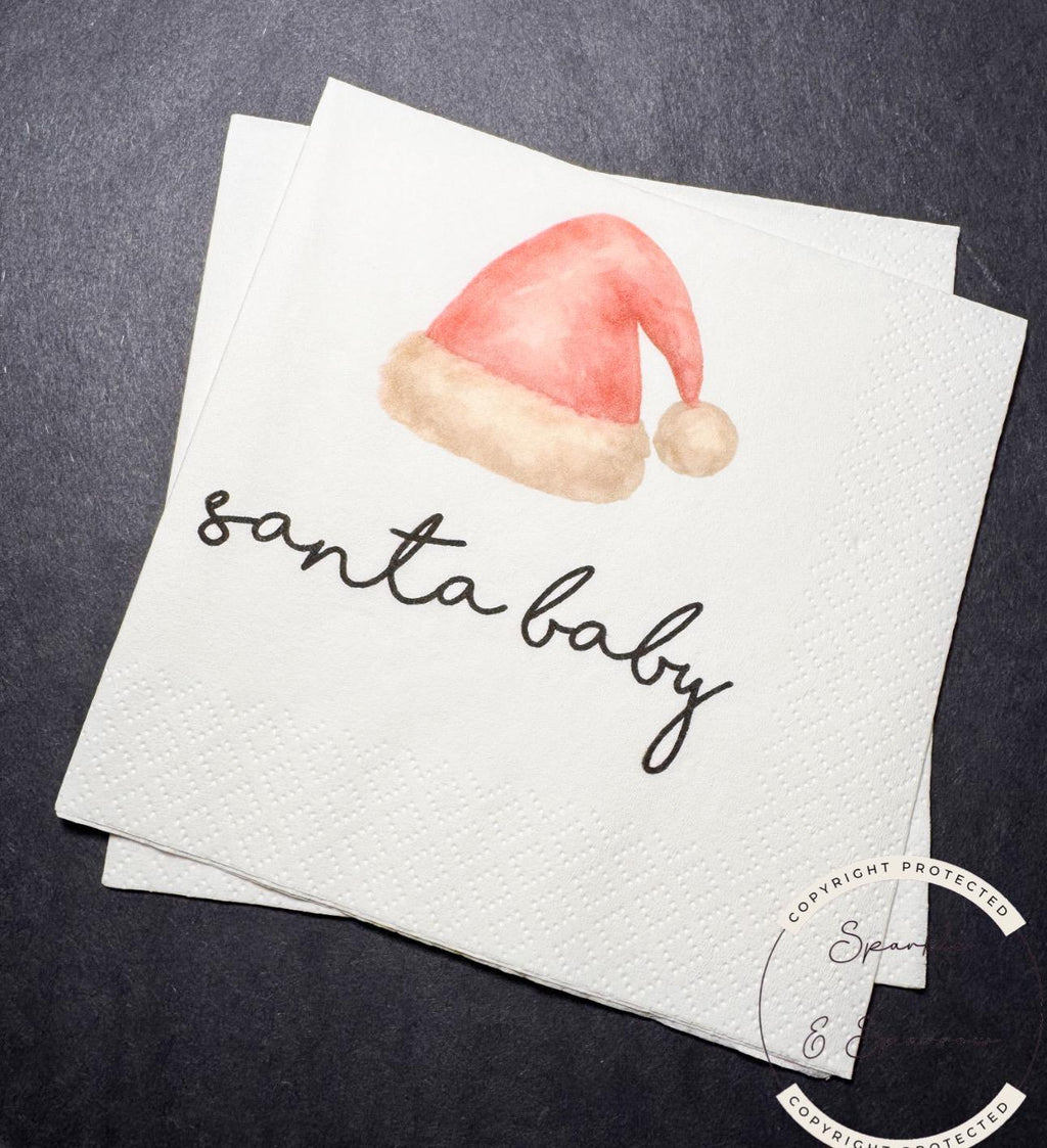 Santa Baby Christmas Baby Shower Pink Santa Hat Baby Gender Reveal Christmas Reveal Pink Baby Cocktail, Luncheon or Dinner Napkins Set of 25