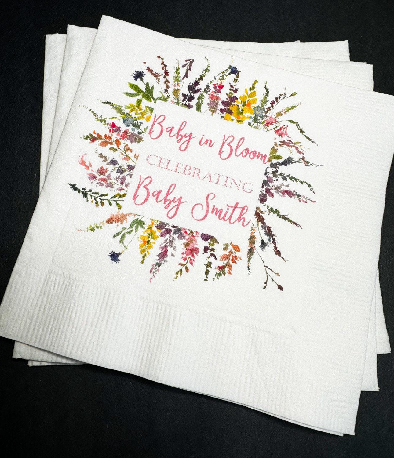 Baby in Bloom Spring Summer Baby Shower Wildflower Personalized Cocktail, Luncheon or Dinner Napkins Set of 25