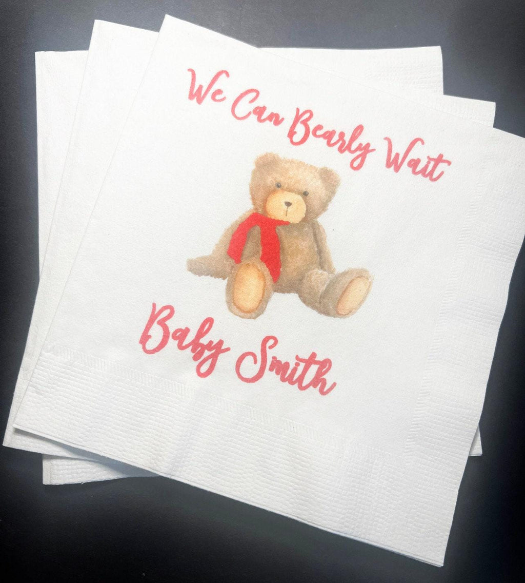 Teddy Bear Baby Shower We can Bearly Wait Red Bow Christmas Bear Baby Shower Personalized Cocktail, Luncheon or Dinner Napkins Set of 25