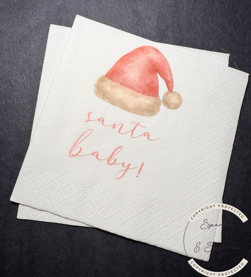 Santa Baby Christmas Baby Shower Pink Santa Hat Baby Gender Reveal Christmas Reveal Pink Baby Cocktail, Luncheon or Dinner Napkins Set of 25