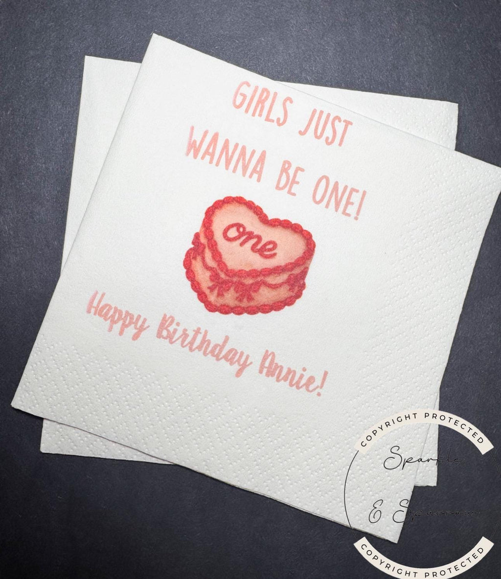 Girls Just Wanna Be One Pink Red Bow First Birthday 1st Bday Coquette Cake Pink Personalized Cocktail, Luncheon or Dinner Napkins Set of 25