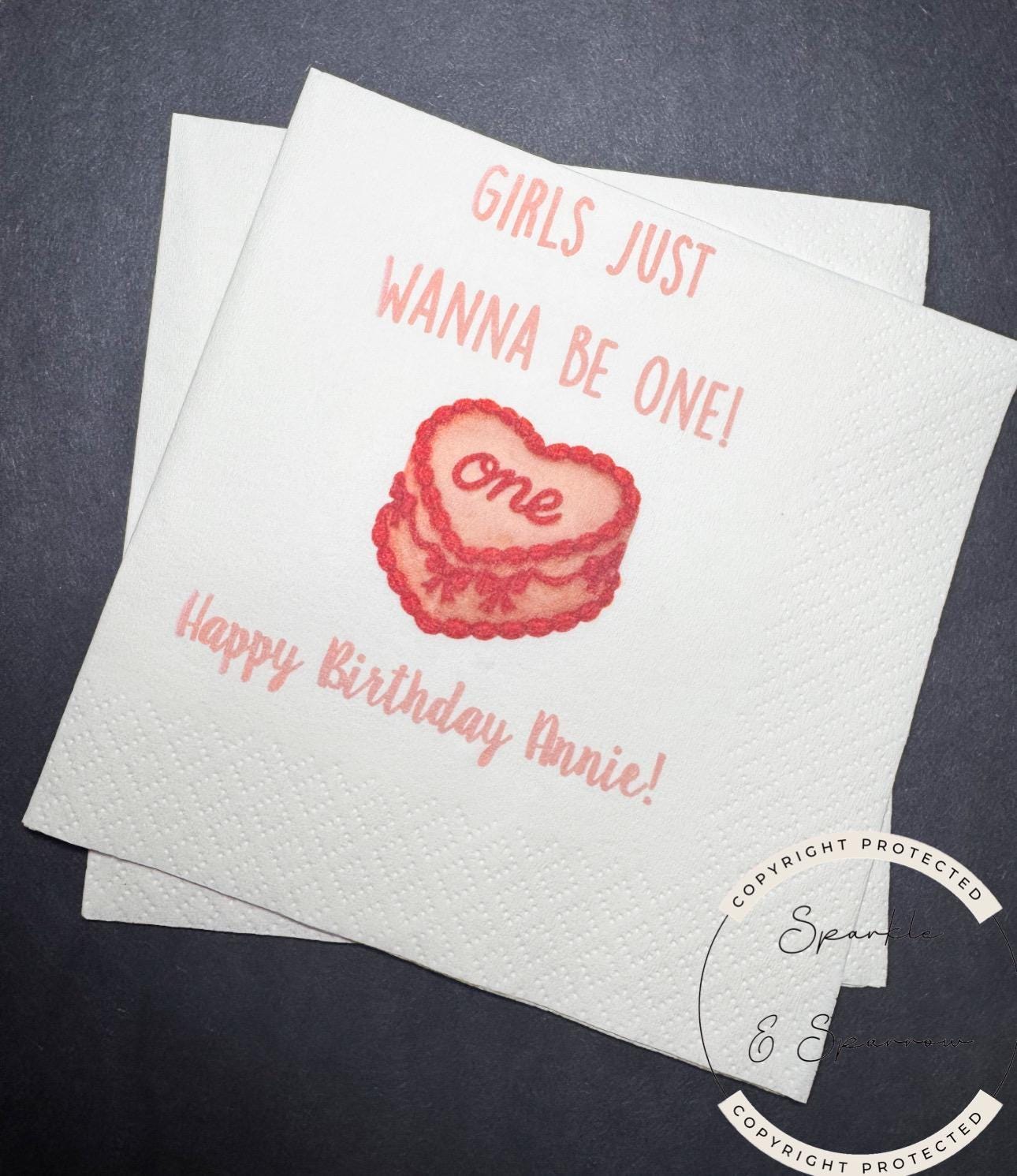 Girls Just Wanna Be One Pink Red Bow First Birthday 1st Bday Coquette Cake Pink Personalized Cocktail, Luncheon or Dinner Napkins Set of 25