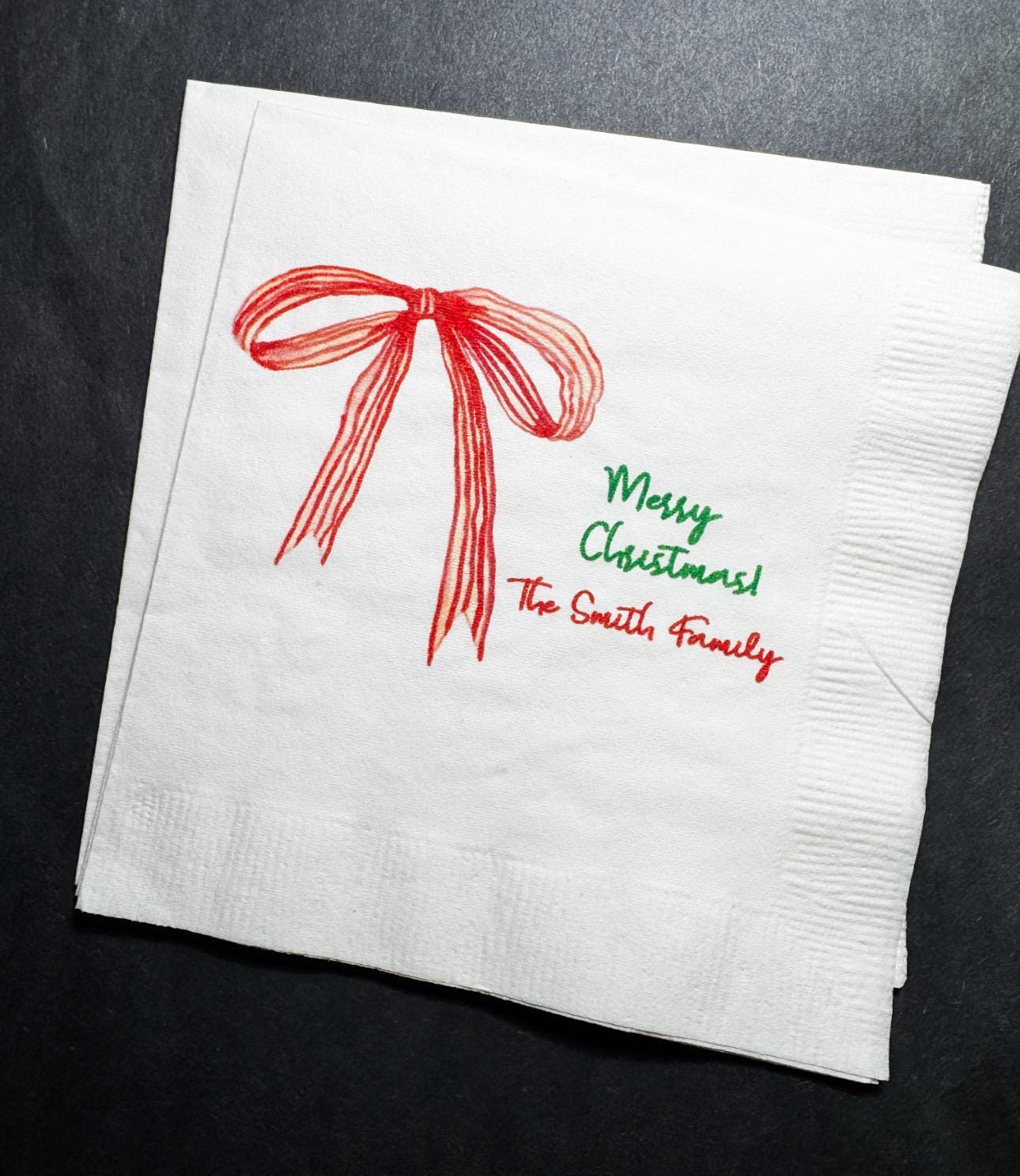 Christmas Red Bow Family Christmas Party Gathering Holiday Party Christmas Eve Personalized Cocktail, Luncheon or Dinner Napkins Set of 25