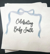 Load image into Gallery viewer, Blue Bow Baby Shower It’s a Boy Blue Boy Baby Shower Personalized Cocktail or Luncheon Napkins, Set of 25
