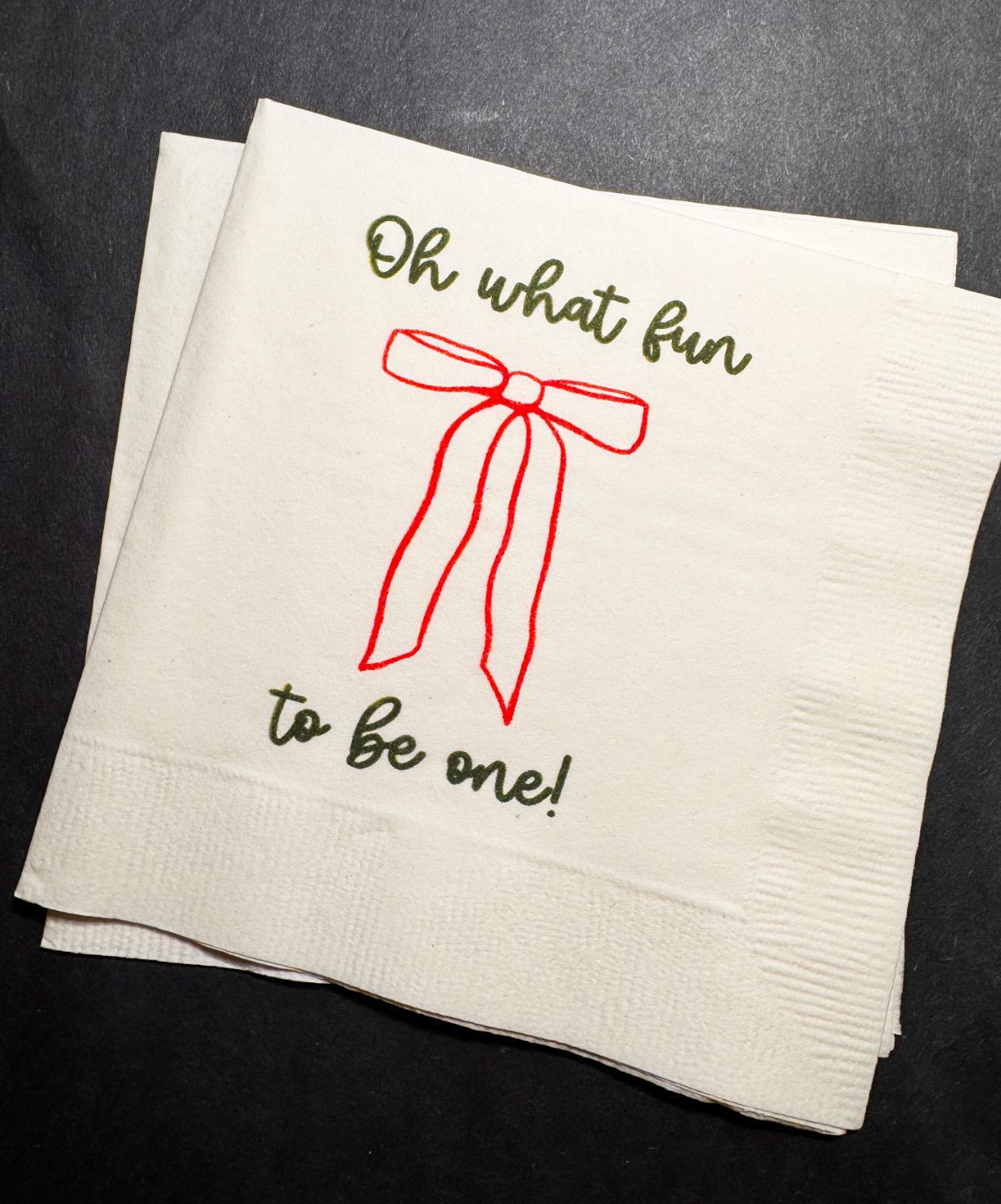 Oh What Fun Red Bow Birthday Christmas Pink Red December 1st Birthday Christmas Cocktail, Luncheon or Dinner Napkins Set of 25