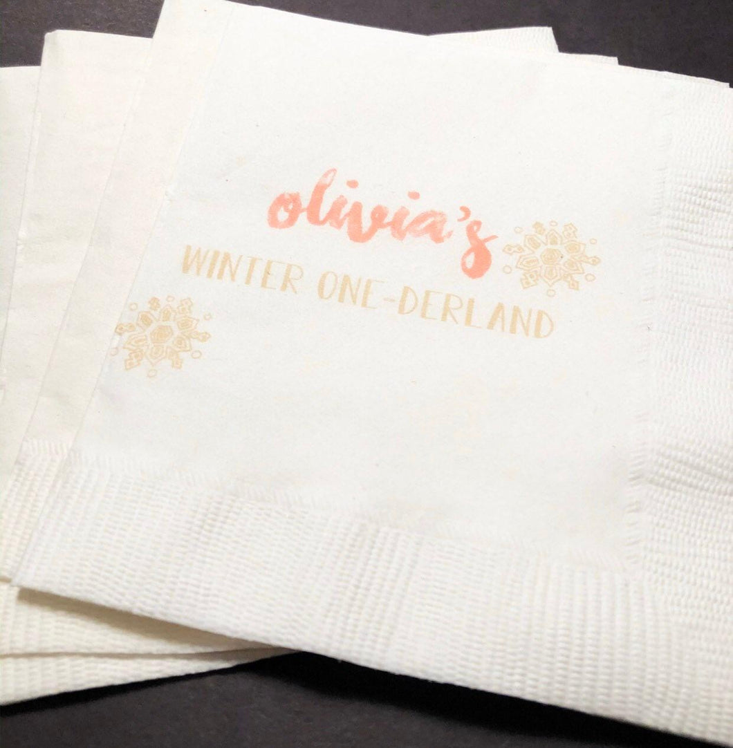 Winter Onederland First Birthday Oh What Fun to be One Christmas 1st Birthday Personalized Cocktail, Luncheon or Dinner Napkins Set of 25