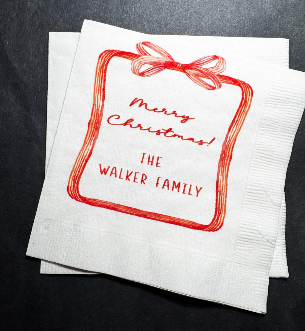 Christmas Red Bow Family Christmas Party Gathering Holiday Party Christmas Eve Personalized Cocktail, Luncheon or Dinner Napkins Set of 25