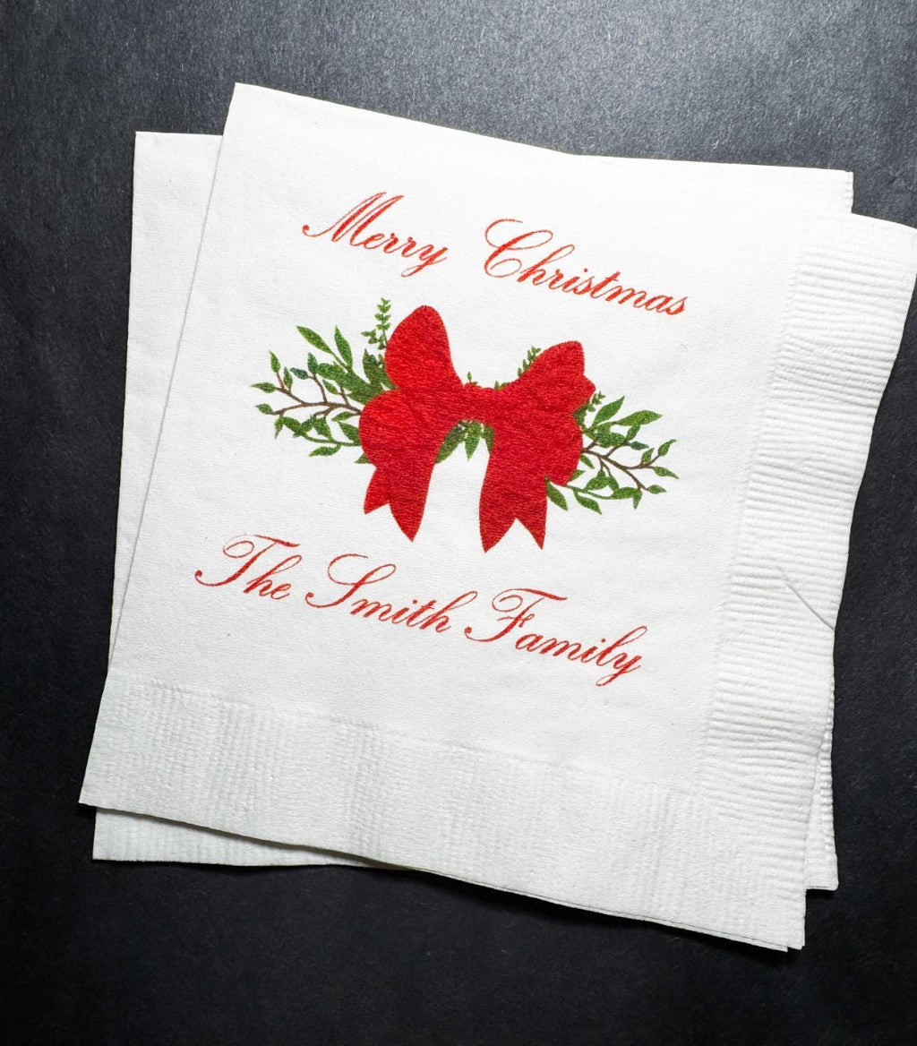 Christmas Red Bow Family Christmas Party Gathering Holiday Party Christmas Eve Personalized Cocktail, Luncheon or Dinner Napkins Set of 25