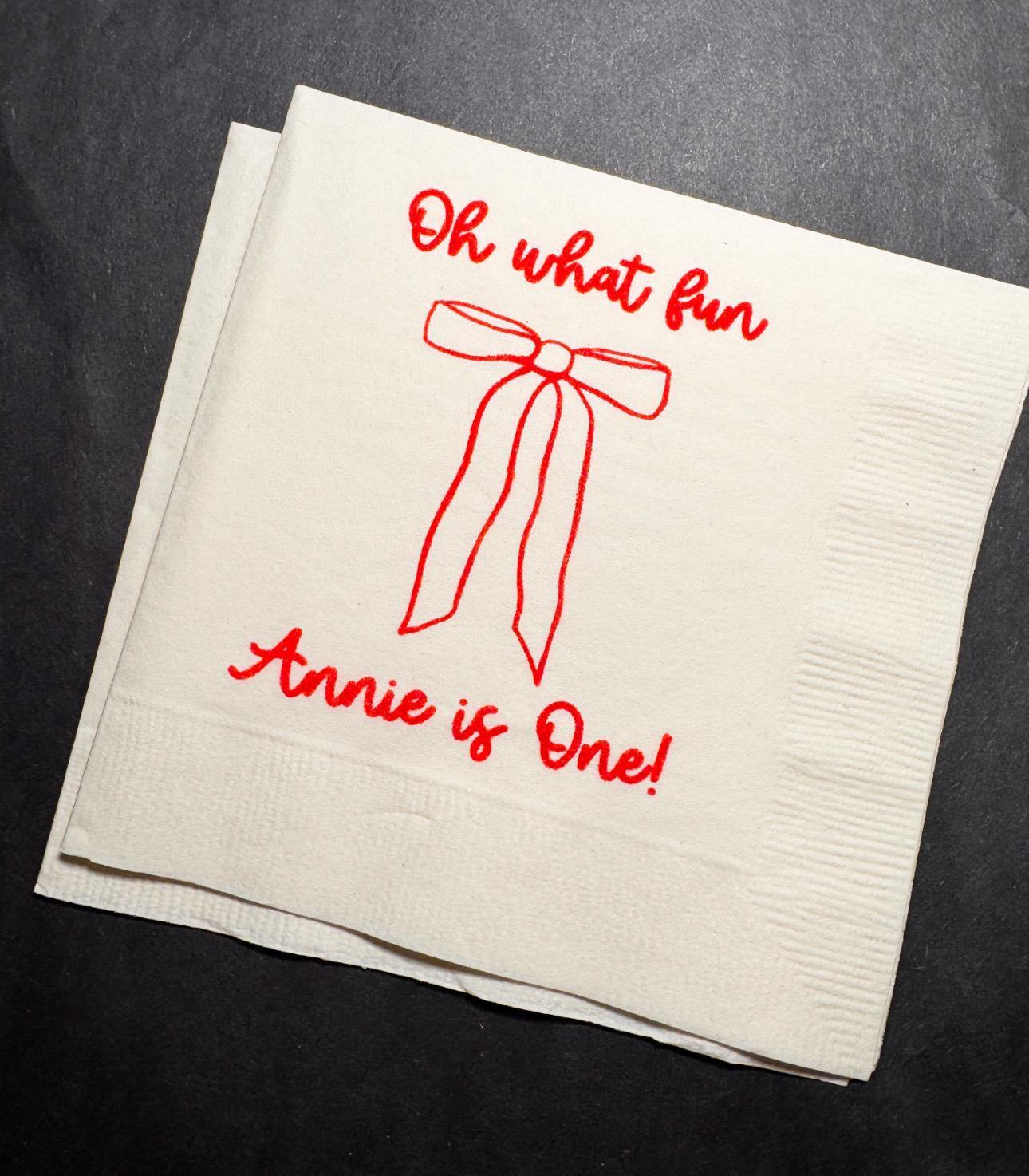 Oh What Fun Red Bow Birthday Christmas Pink Red December 1st Birthday Christmas Personalized Cocktail, Luncheon or Dinner Napkins Set of 25