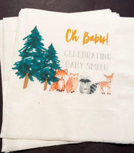Load image into Gallery viewer, Winter Woodland Animal Baby Shower Oh Deer Fox Owl Christmas Woodland Baby Shower Personalized Fall Cocktail or Luncheon Napkins, Set of 25
