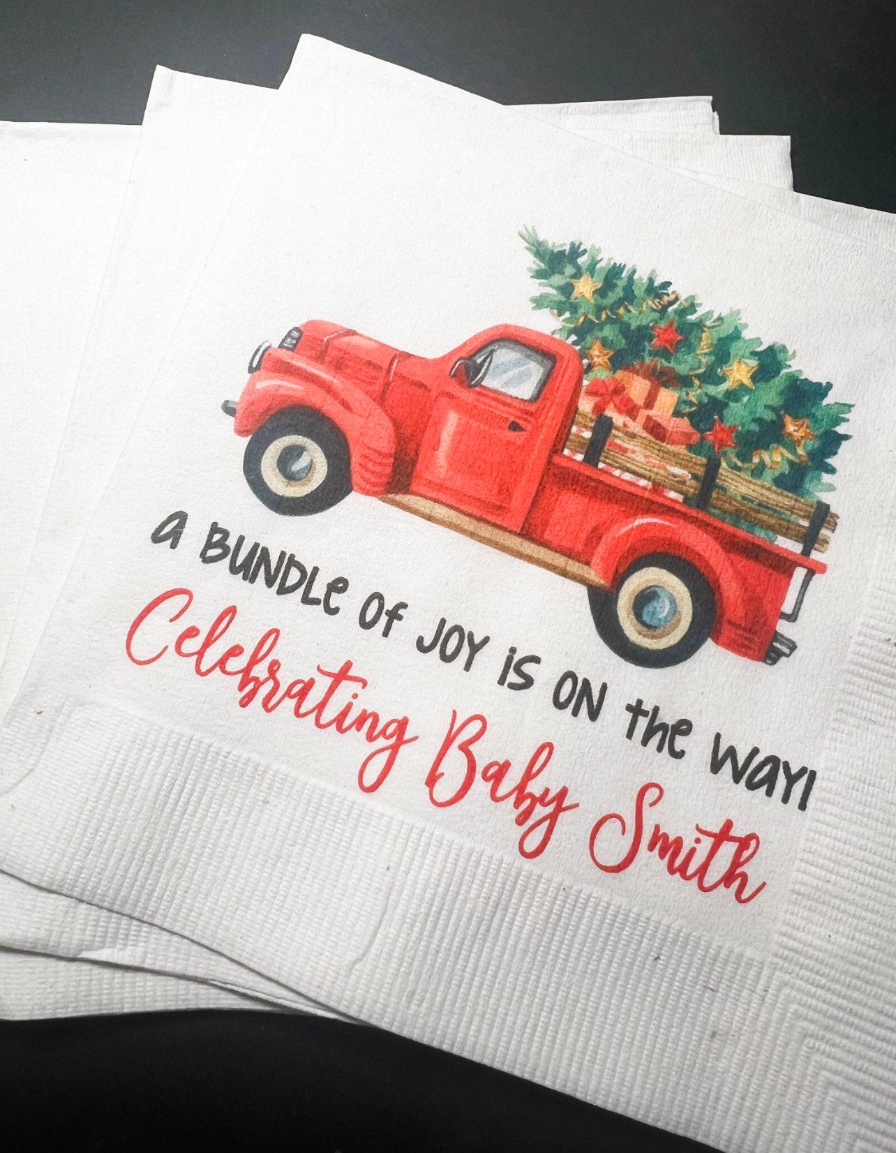 Bundle of Joy is on the Way Red Truck Winter Christmas Tree December Baby Shower Personalized Cocktail, Luncheon or Dinner Napkins Set of 25