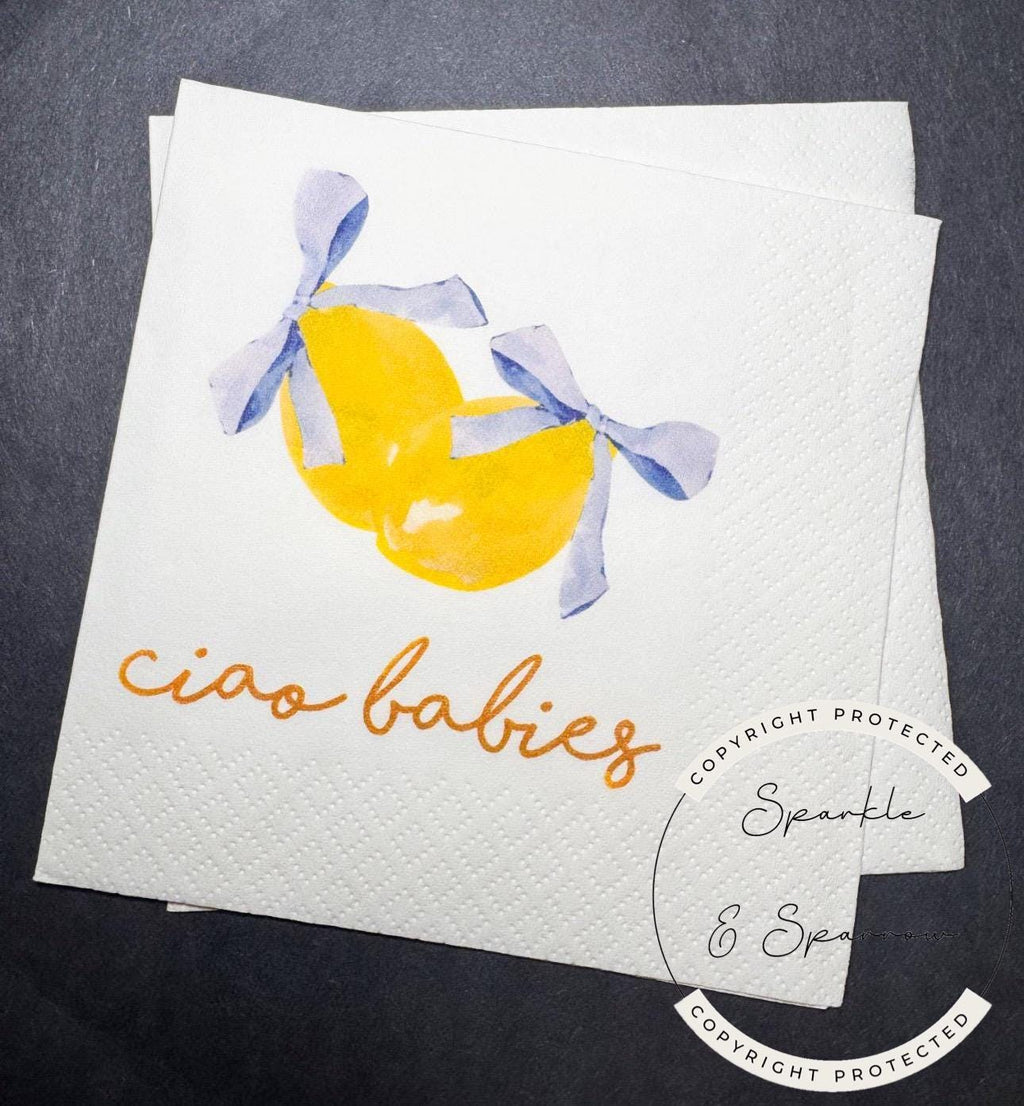 Ciao Babies Lemon Twins Oh Baby Blue Bow Italian Baby Shower Lemon Twin Babies Baby Shower Cocktail, Luncheon or Dinner Napkins Set of 25