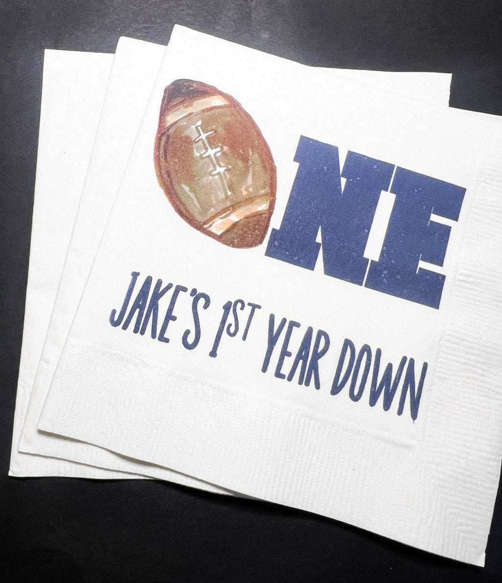 Football Birthday 1st Year Down Personalized Cocktail, Luncheon or Dinner Napkins Set of 25