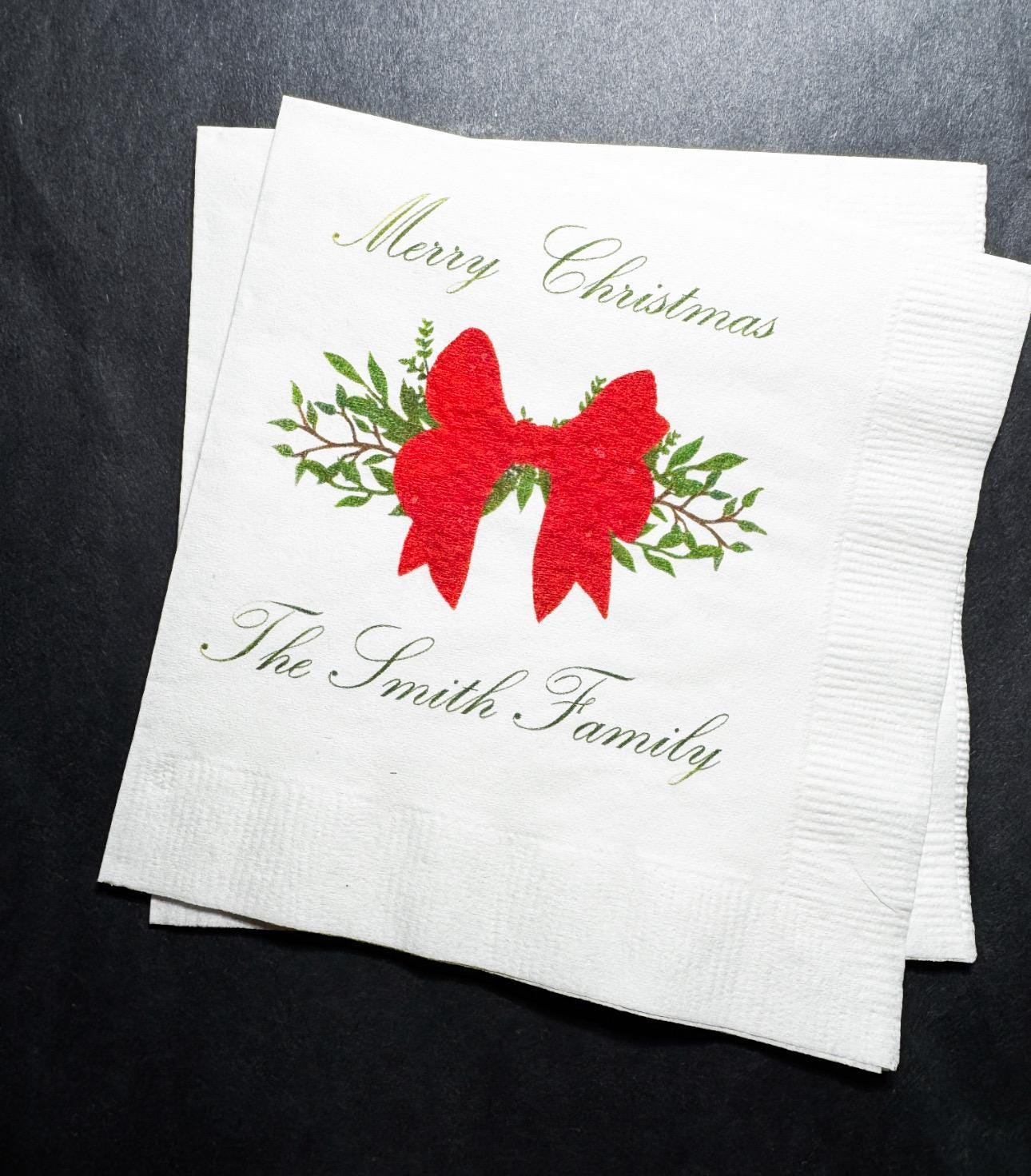 Christmas Red Bow Family Christmas Party Gathering Holiday Party Christmas Eve Personalized Cocktail, Luncheon or Dinner Napkins Set of 25
