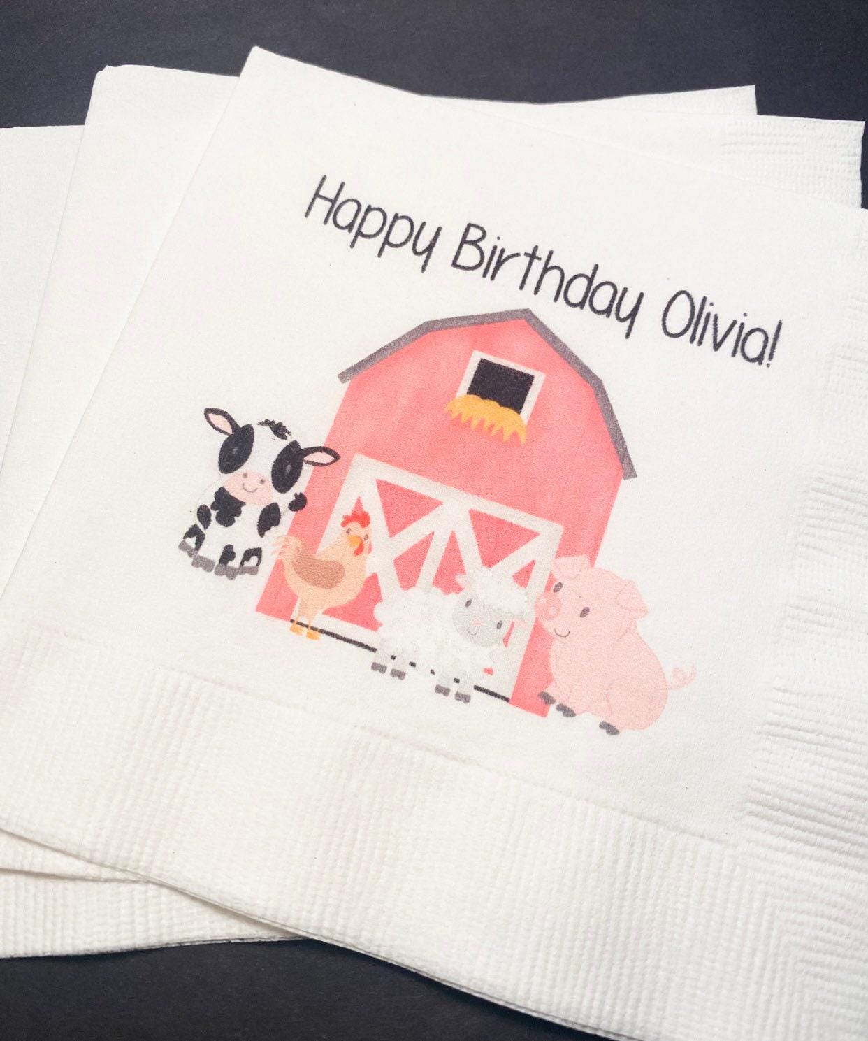 Farm Animal Birthday Pink Barnyard Oink Cluck Moo Turning 2 Personalized Cocktail, Luncheon or Dinner Napkins Set of 25