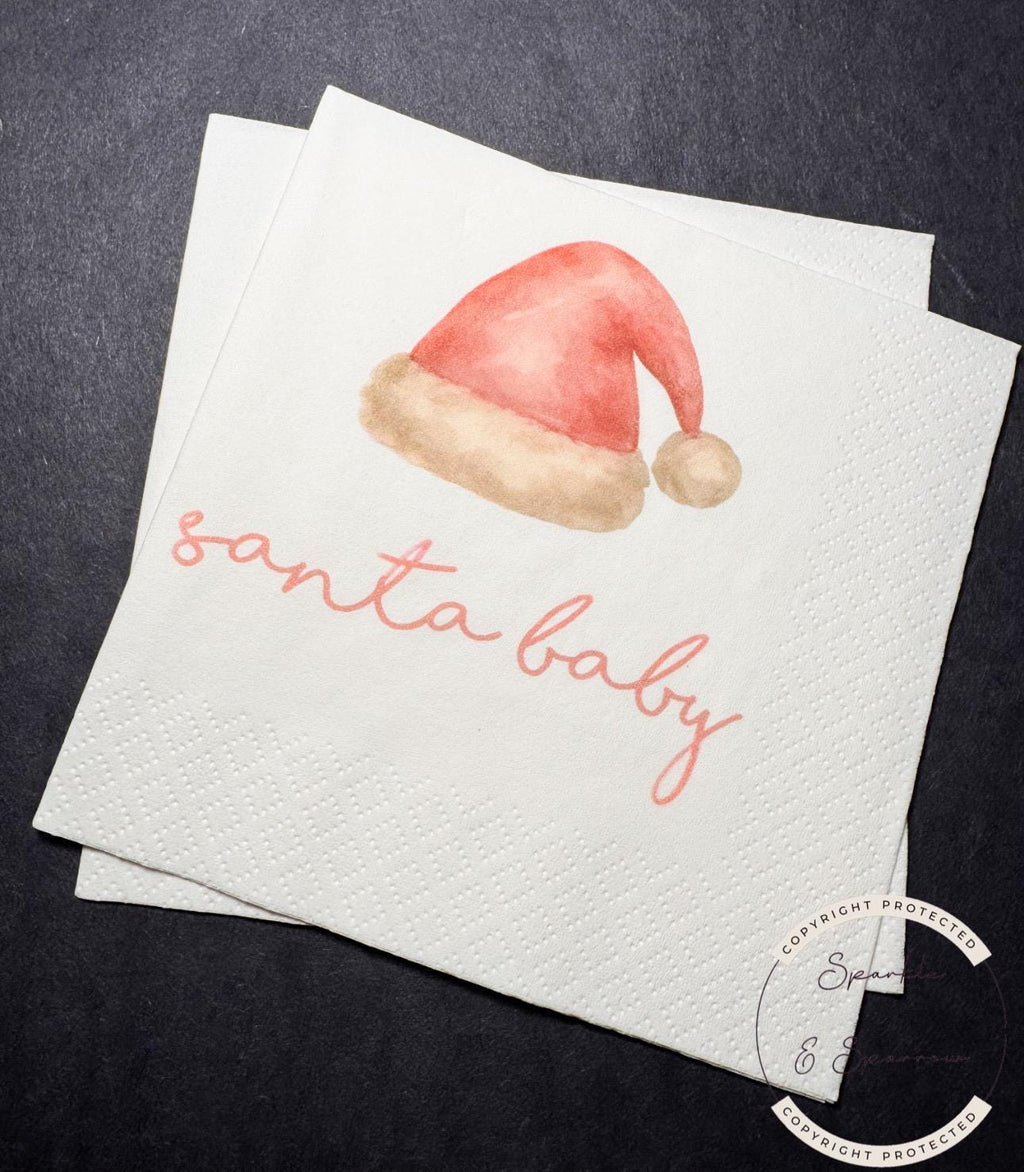 Santa Baby Christmas Baby Shower Pink Santa Hat Baby Gender Reveal Christmas Reveal Pink Baby Cocktail, Luncheon or Dinner Napkins Set of 25