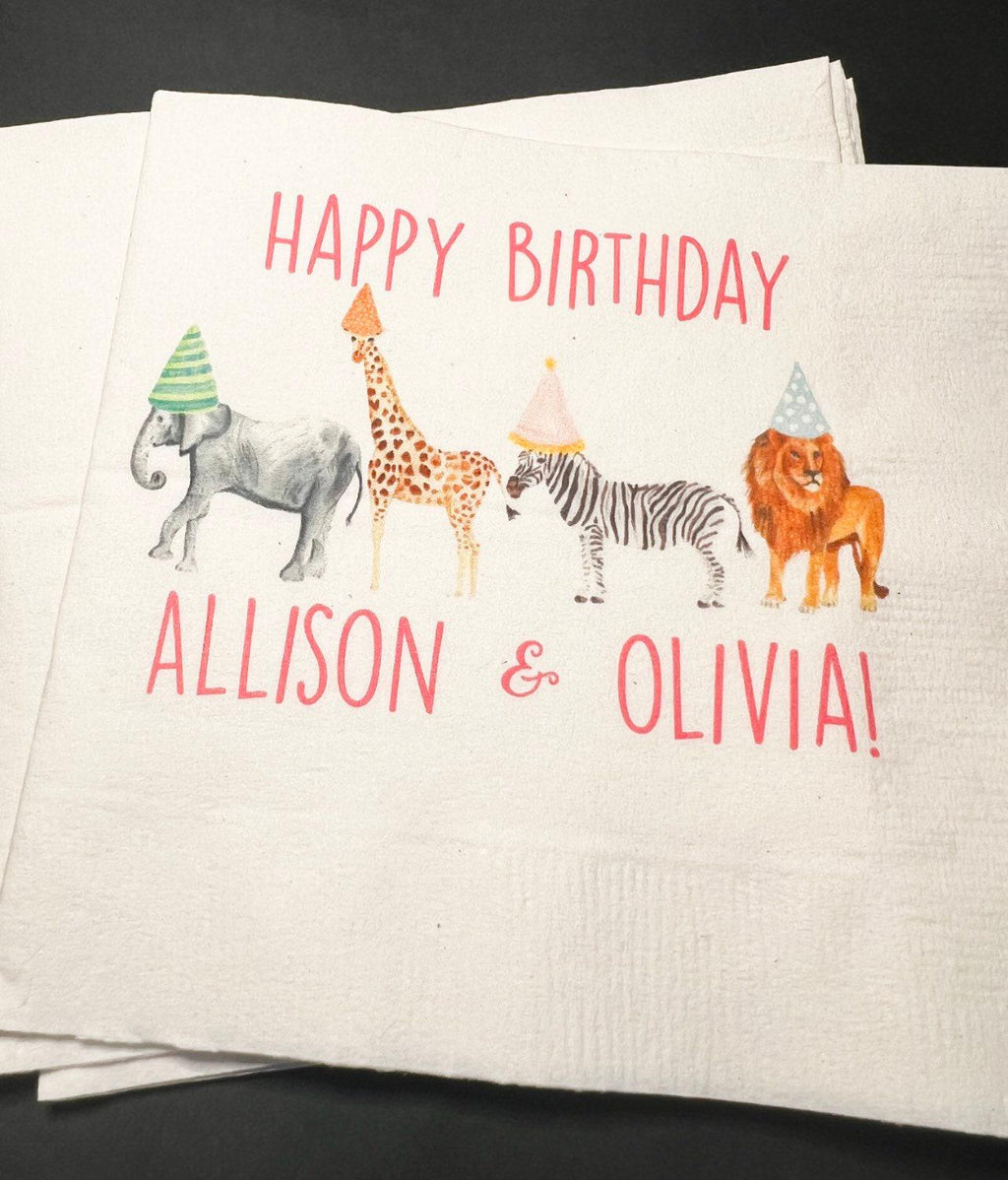Party Animals Twins Animal Parade Safari Jungle Birthday Party Personalized Cocktail, Luncheon or Dinner Napkins Set of 25