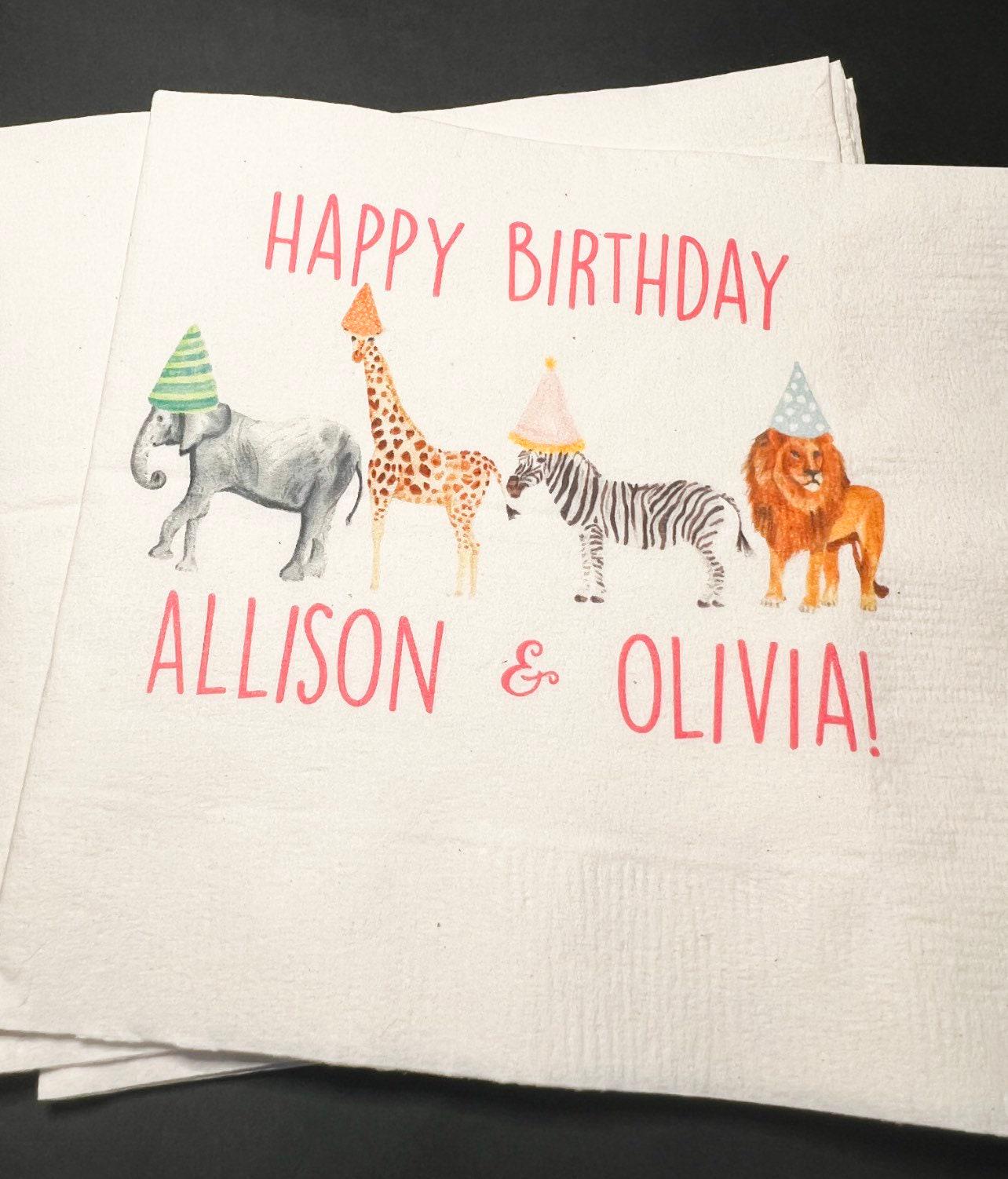 Party Animals Twins Animal Parade Safari Jungle Birthday Party Personalized Cocktail, Luncheon or Dinner Napkins Set of 25