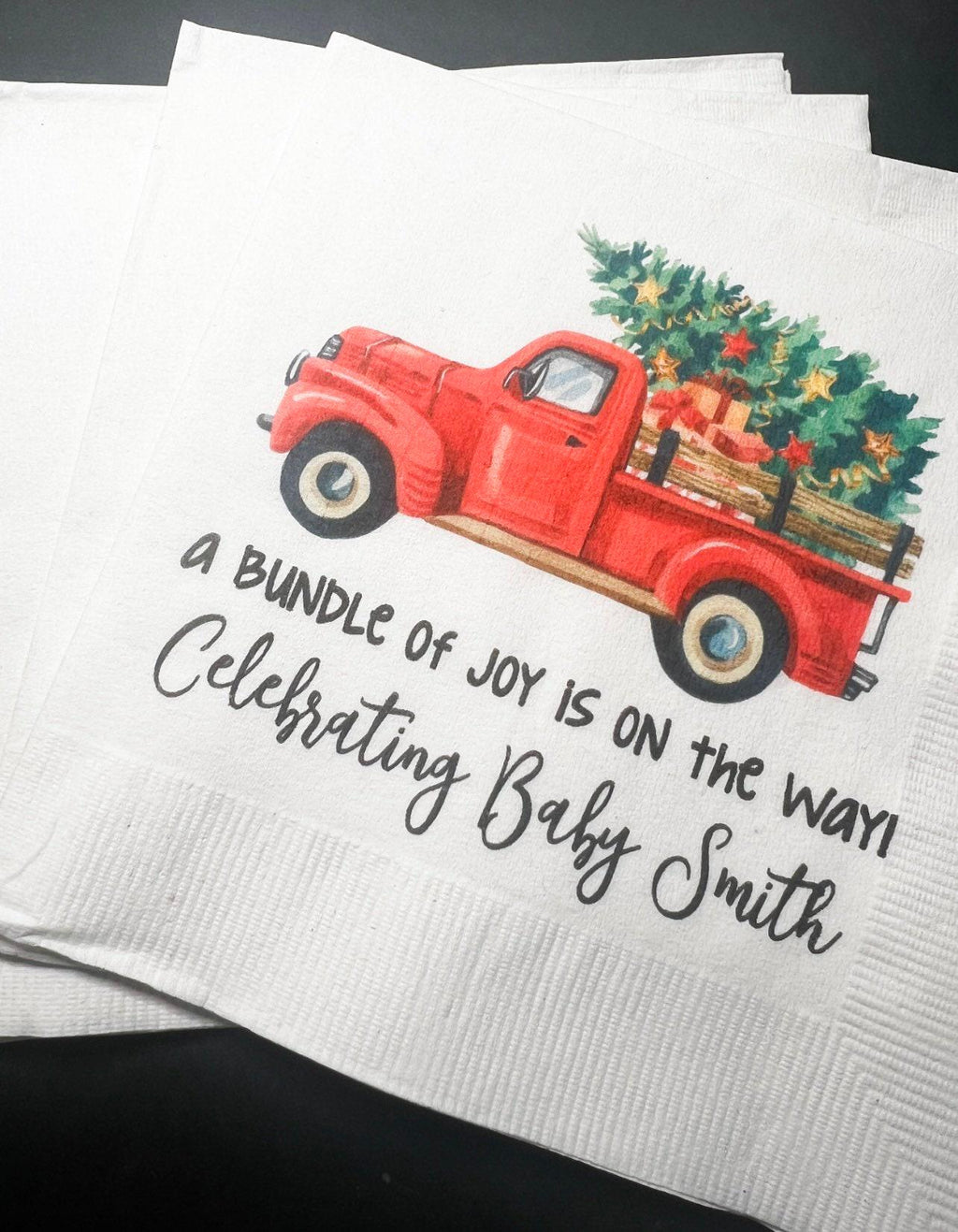 Bundle of Joy is on the Way Red Truck Winter Christmas Tree December Baby Shower Personalized Cocktail, Luncheon or Dinner Napkins Set of 25