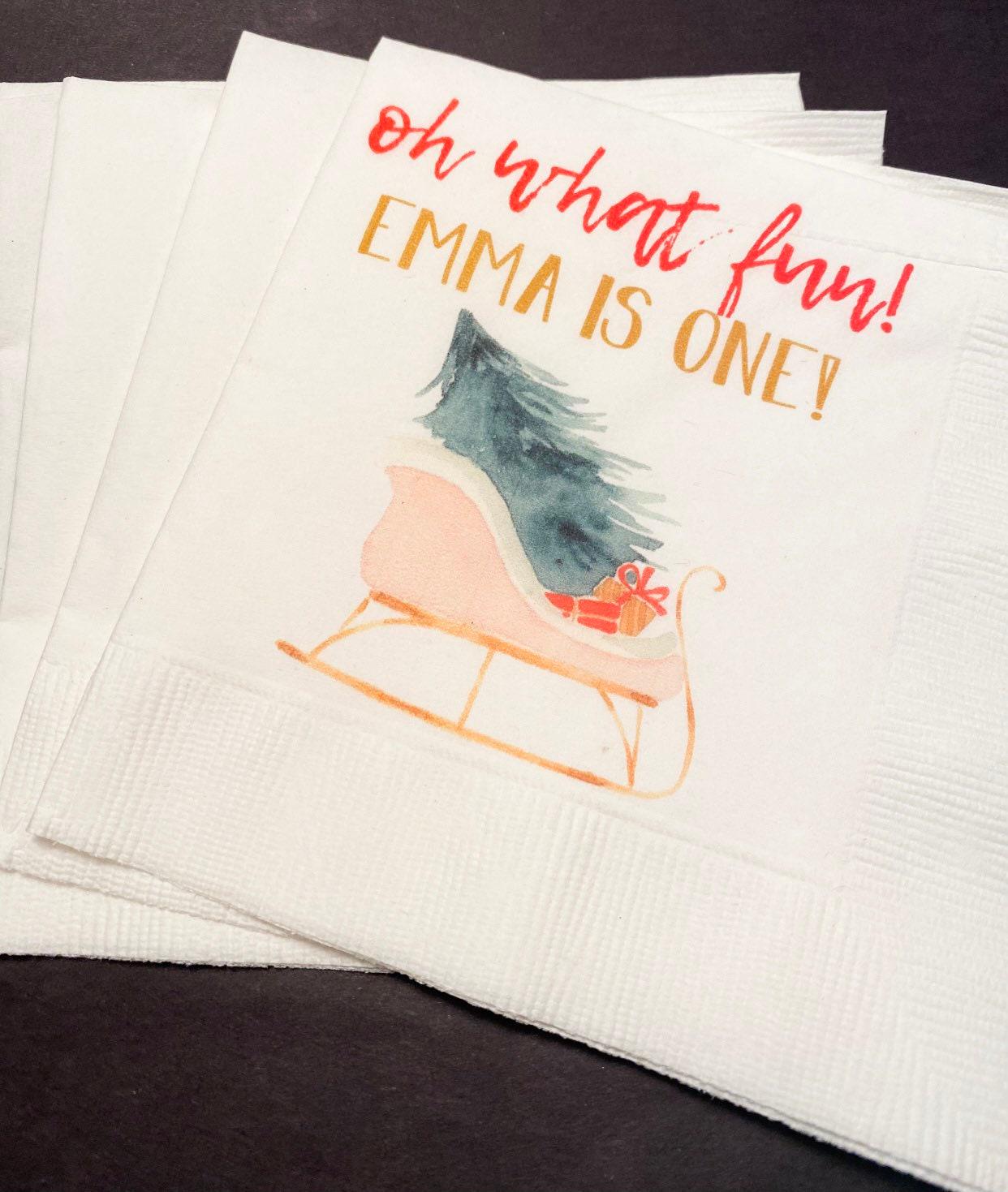 Oh What Fun First Birthday Party Winter Christmas  December Personalized Cocktail, Luncheon or Dinner Napkins Set of 25