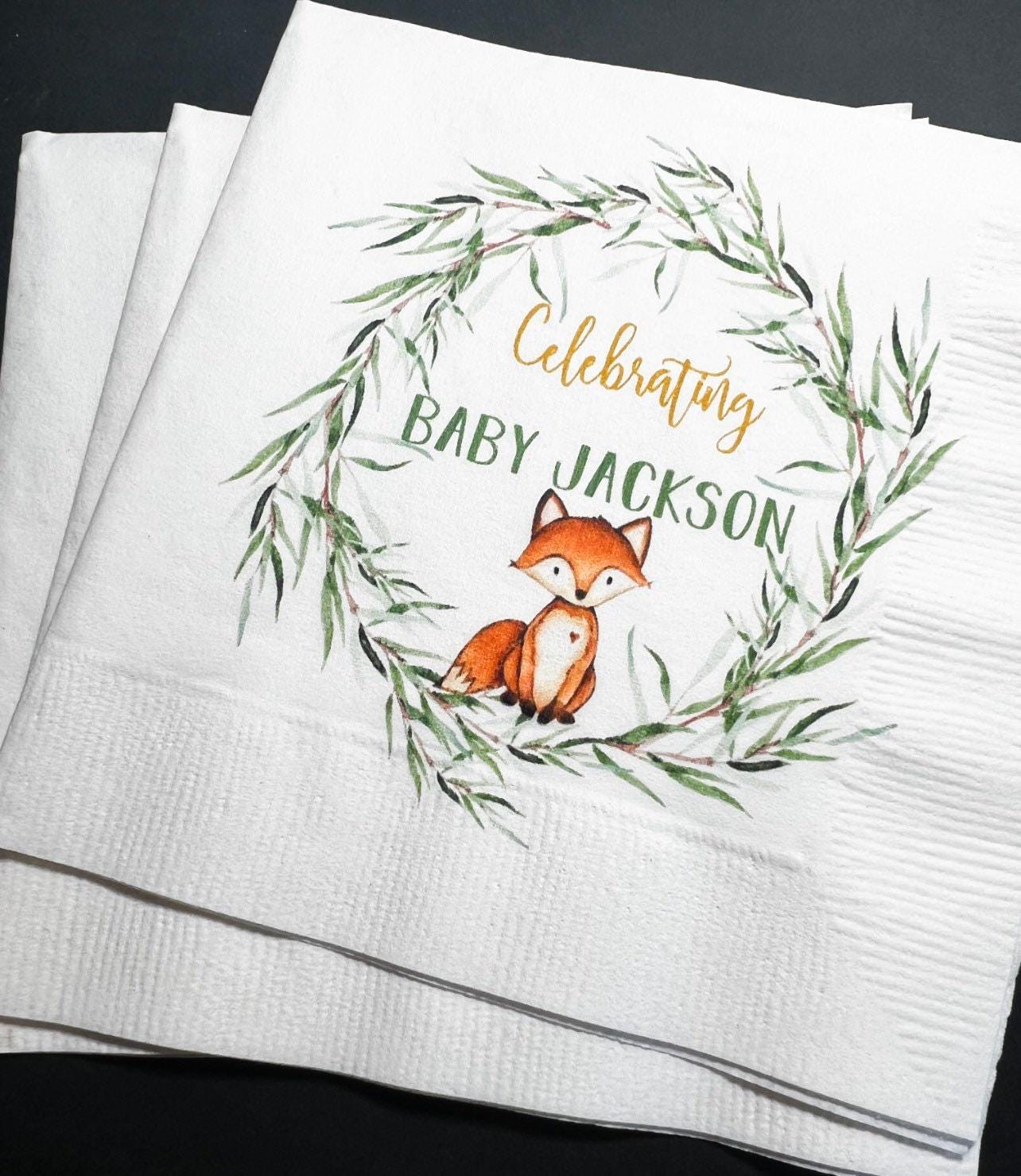 Woodland Animal Fox Baby Shower Green Gold Personalized Fall Cocktail, Luncheon or Dinner Napkins Set of 25