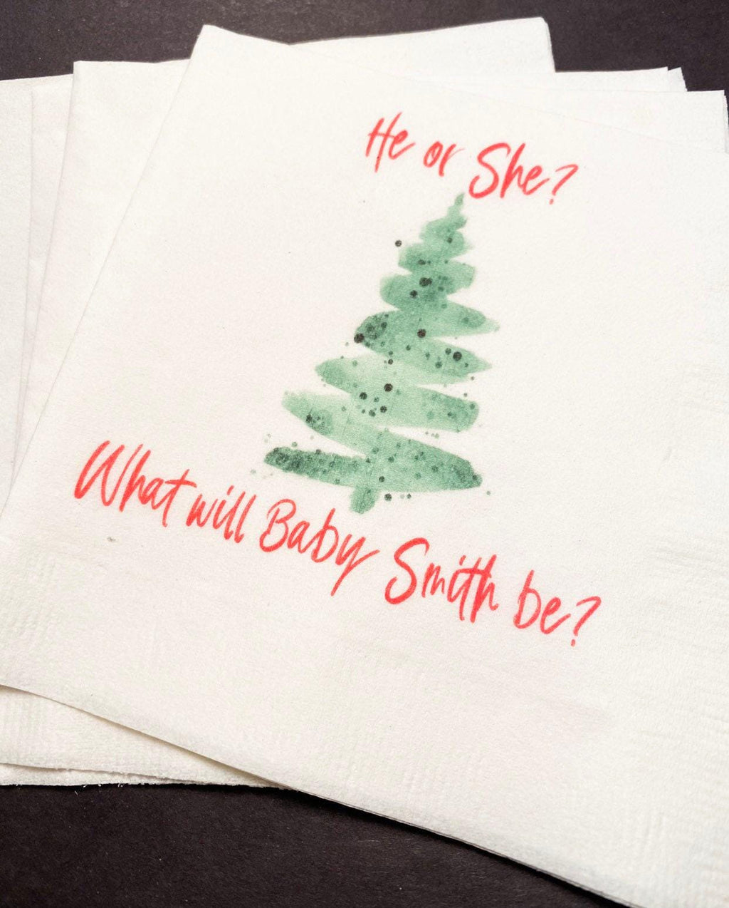 Christmas Gender Reveal He or She Winter December Baby Reveal Personalized Cocktail, Luncheon or Dinner Napkins Set of 25