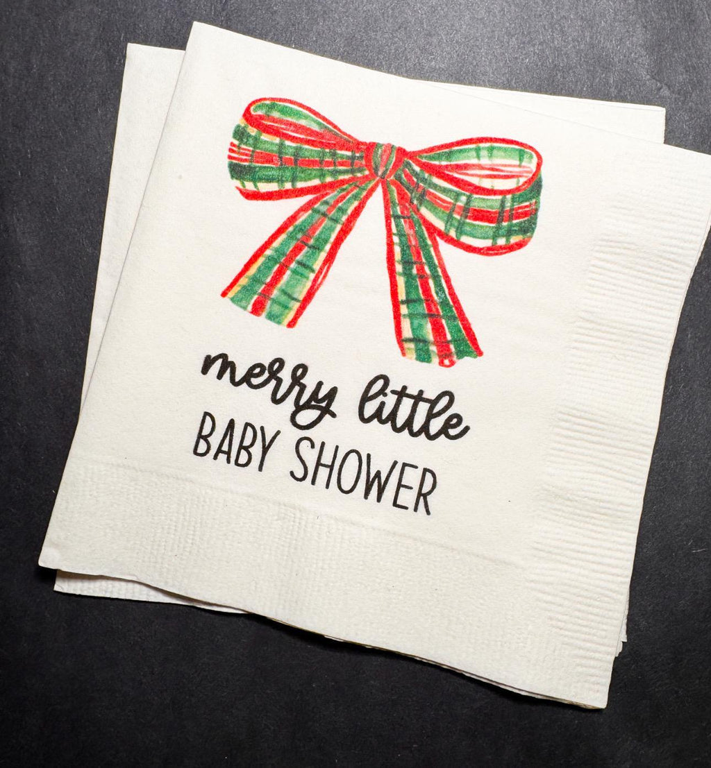 Merry Little Baby Shower Bow Theme Winter Christmas December Baby Shower Winter Holiday Baby Cocktail, Luncheon or Dinner Napkins Set of 25