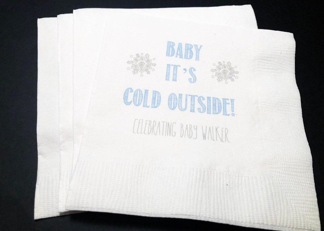 Baby It's Cold Outside Winter Christmas Baby Shower Blue Silver Gray Personalized Cocktail, Luncheon or Dinner Napkins Set of 25