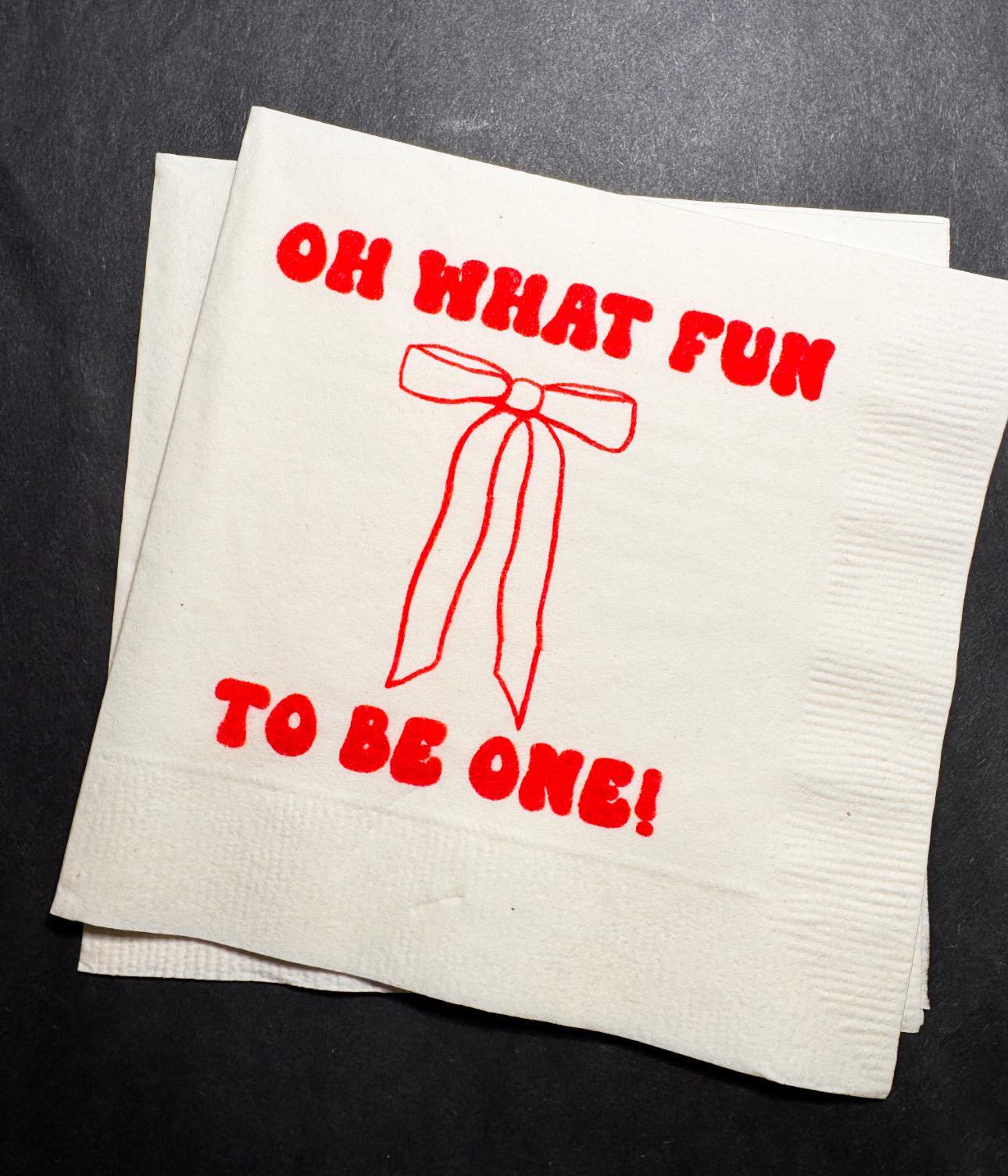 Oh What Fun Red Bow Birthday Christmas Pink Red December 1st Birthday Christmas Cocktail, Luncheon or Dinner Napkins Set of 25