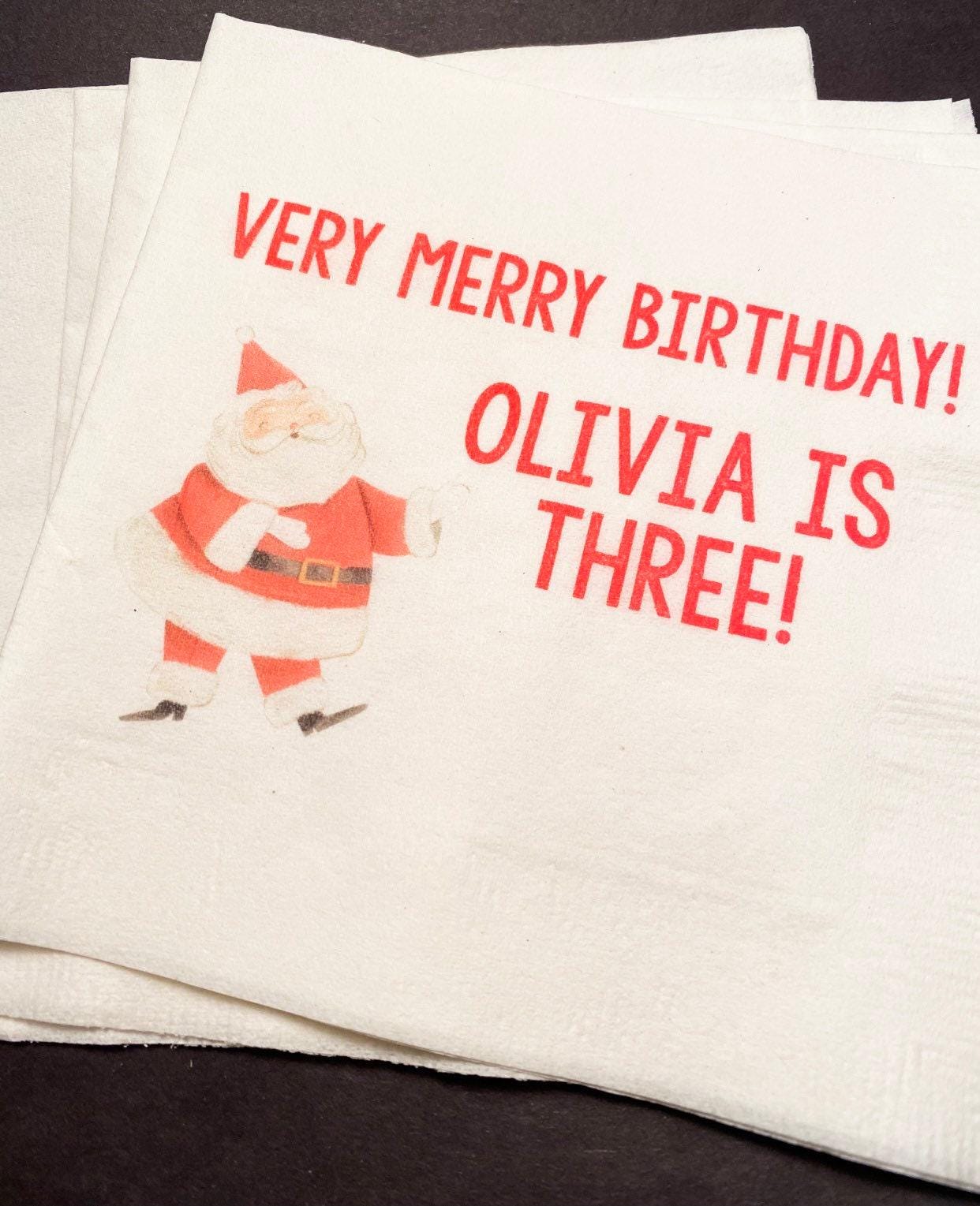 Merry Birthday December Christmas Santa Birthday Very Merry Personalized Cocktail, Luncheon or Dinner Napkins Set of 25
