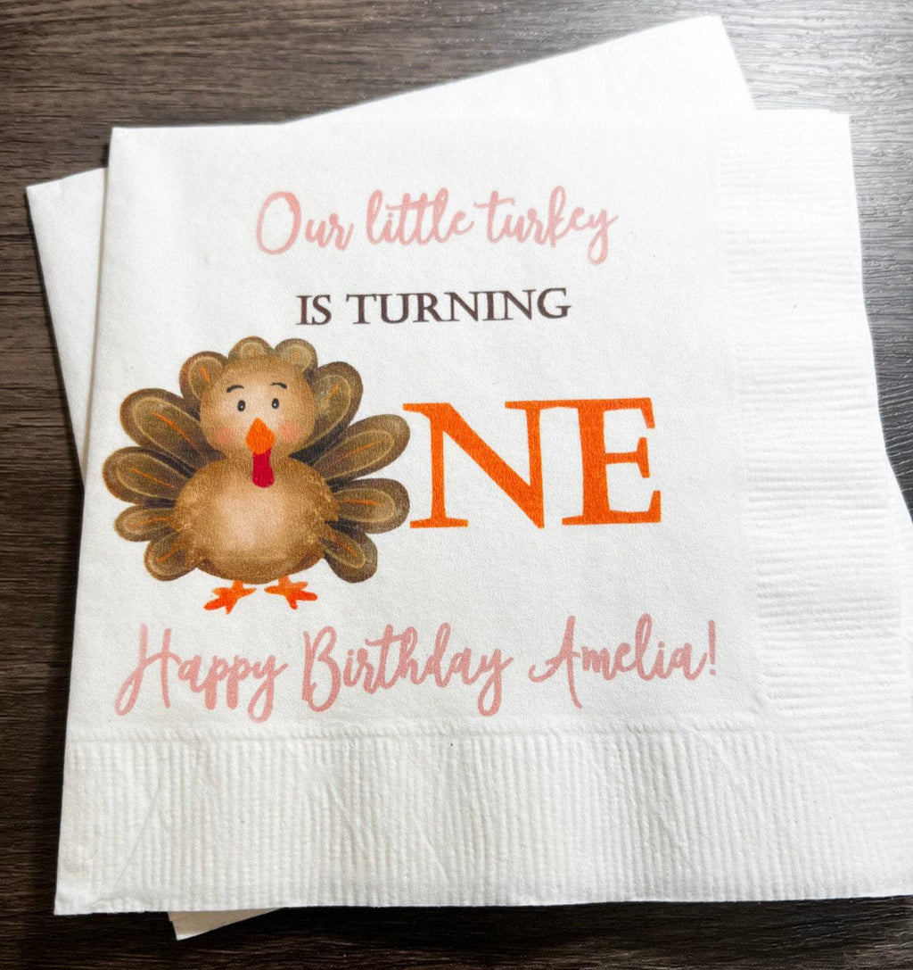 Our Little Turkey is Turning One Thanksgiving Birthday Fall 1st Birthday Personalized Cocktail, Luncheon or Dinner Napkins Set of 25