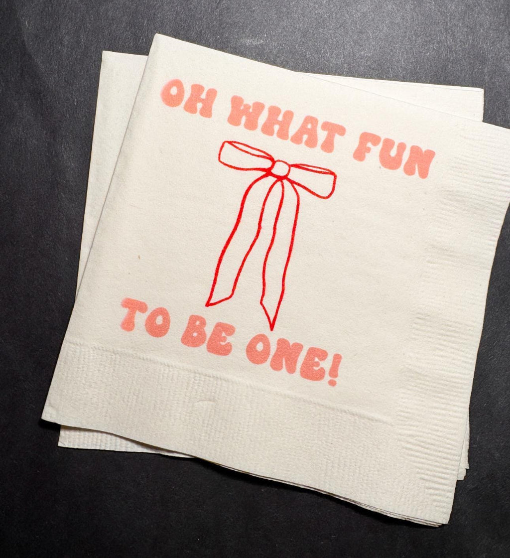 Oh What Fun Red Bow Birthday Christmas Pink Red December 1st Birthday Christmas Cocktail, Luncheon or Dinner Napkins Set of 25