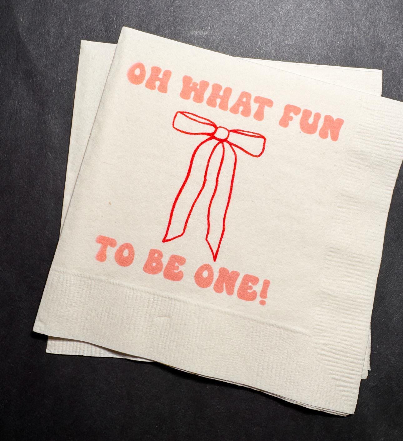 Oh What Fun Red Bow Birthday Christmas Pink Red December 1st Birthday Christmas Cocktail, Luncheon or Dinner Napkins Set of 25