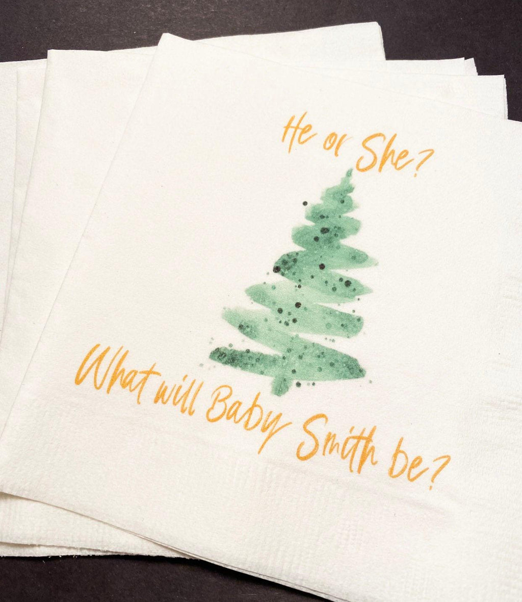 Christmas Gender Reveal He or She Winter December Baby Reveal Personalized Cocktail, Luncheon or Dinner Napkins Set of 25