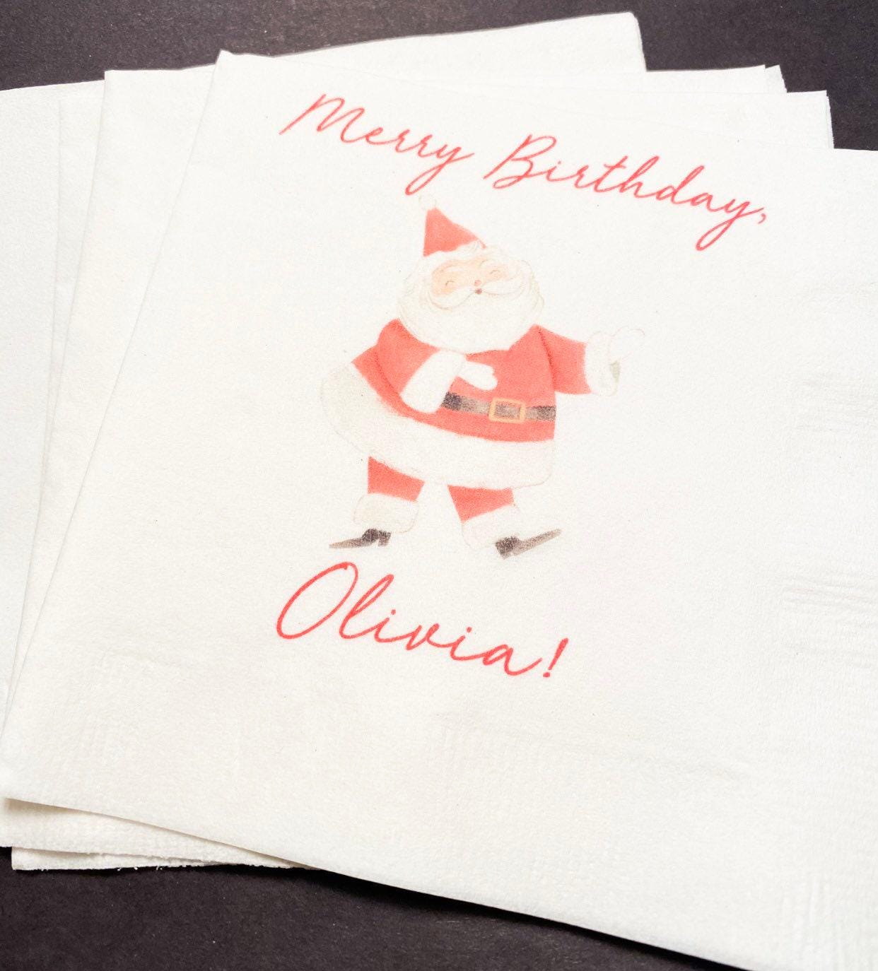 Merry Birthday December Christmas Santa Birthday Very Merry Personalized Cocktail, Luncheon or Dinner Napkins Set of 25