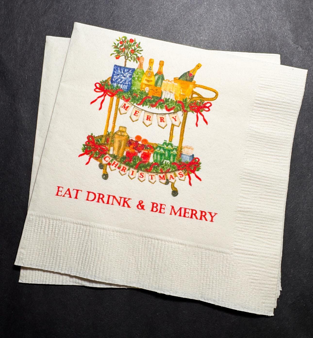 Eat Drink Be Merry Christmas Bar Cart Christmas Cocktail Holiday Party Red Bow Friendsmas Cocktail, Luncheon or Dinner Napkins Set of 25