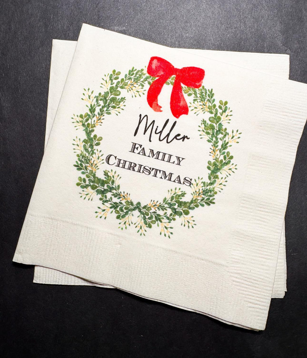 Christmas Red Bow Family Christmas Party Gathering Holiday Party Christmas Eve Personalized Cocktail, Luncheon or Dinner Napkins Set of 25