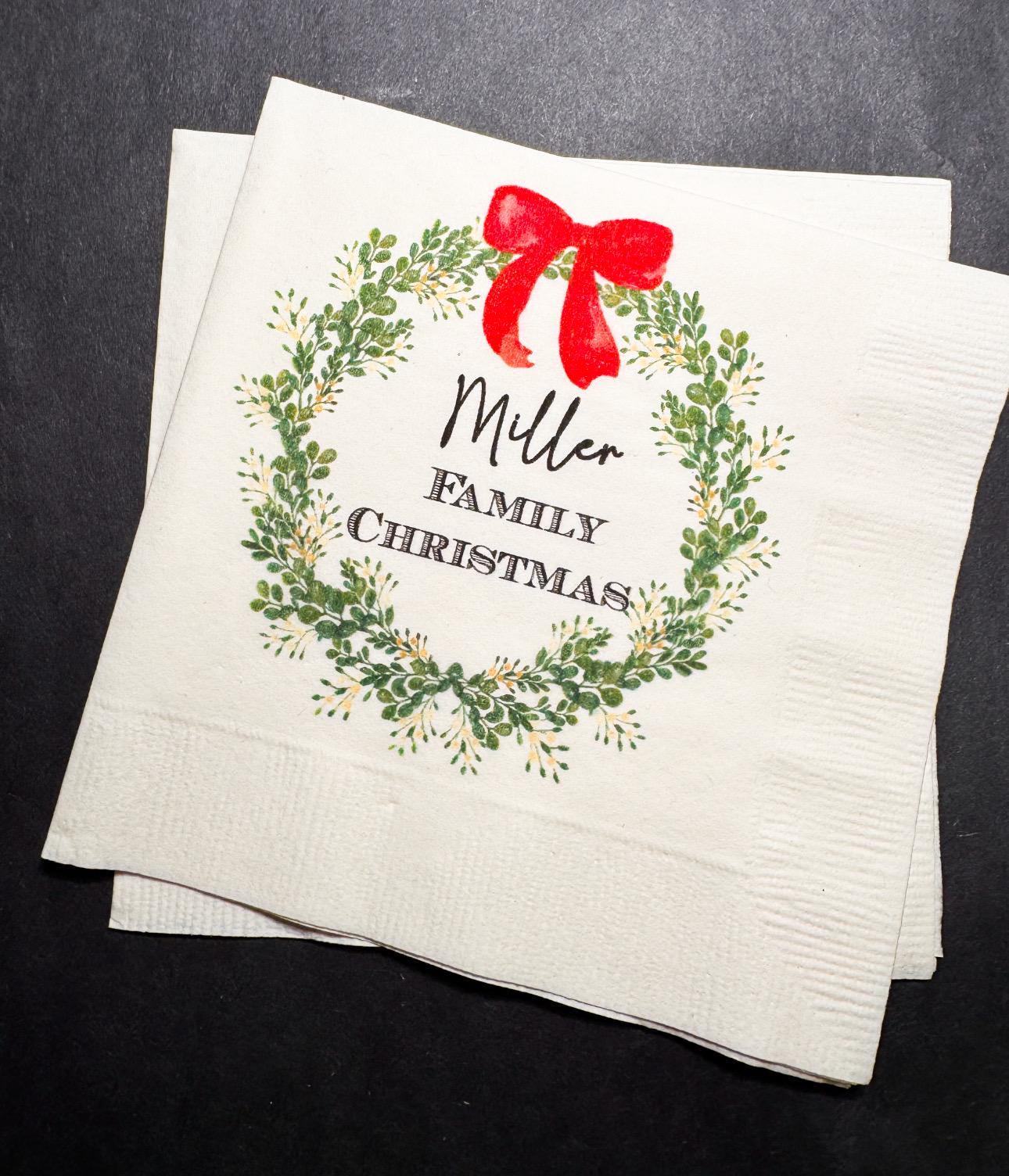Christmas Red Bow Family Christmas Party Gathering Holiday Party Christmas Eve Personalized Cocktail, Luncheon or Dinner Napkins Set of 25