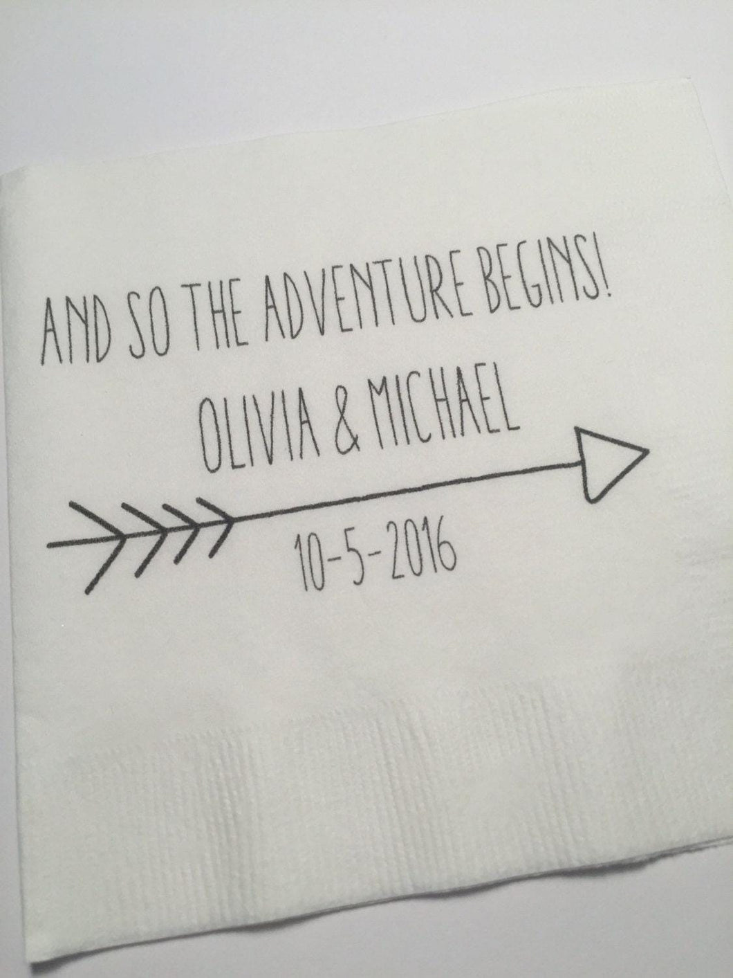 Adventure Begins Wedding Bridal Shower Personalized Arrow Cocktail, Luncheon or Dinner Napkins Set of 25