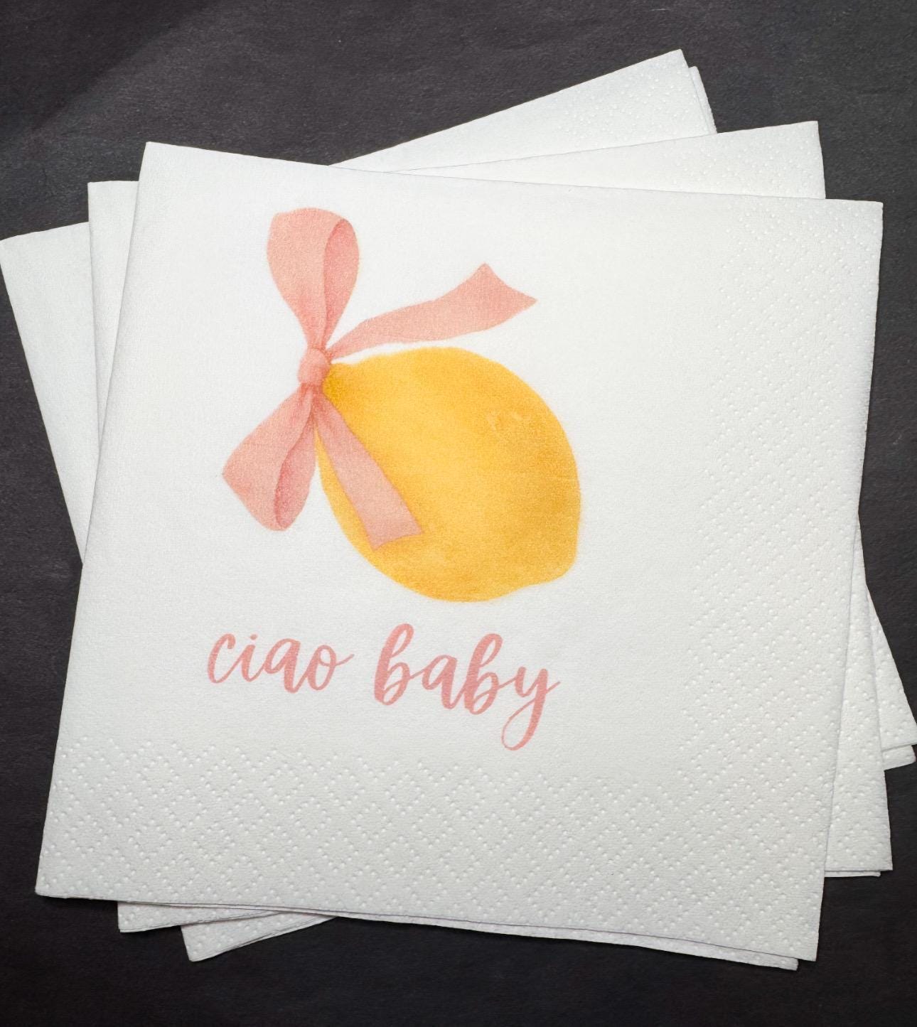 Ciao Baby Lemon Oh Baby Pink Bow Italian Baby Shower Lemon Baby Shower Summer Lemon Baby Cocktail, Luncheon or Dinner Napkins Set of 25