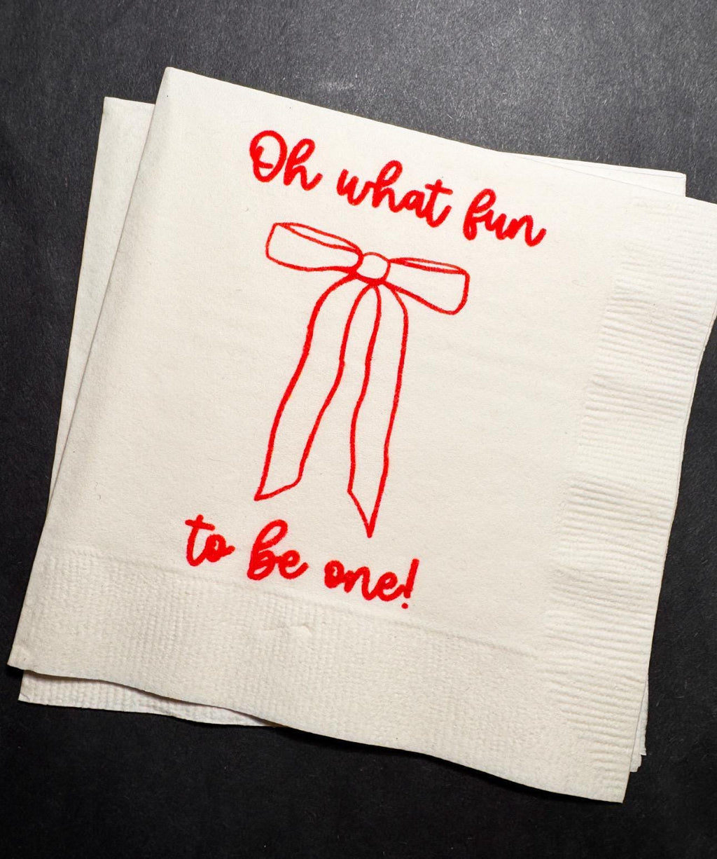 Oh What Fun Red Bow Birthday Christmas Pink Red December 1st Birthday Christmas Cocktail, Luncheon or Dinner Napkins Set of 25