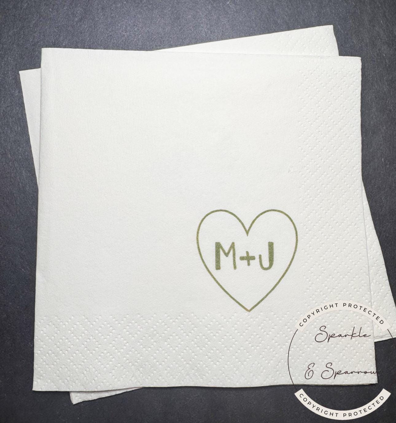 Heart Initials Wedding Napkin Bridal Shower Sage Bridal Shower Green Wedding Personalized Cocktail, Luncheon or Dinner Napkins Set of 25
