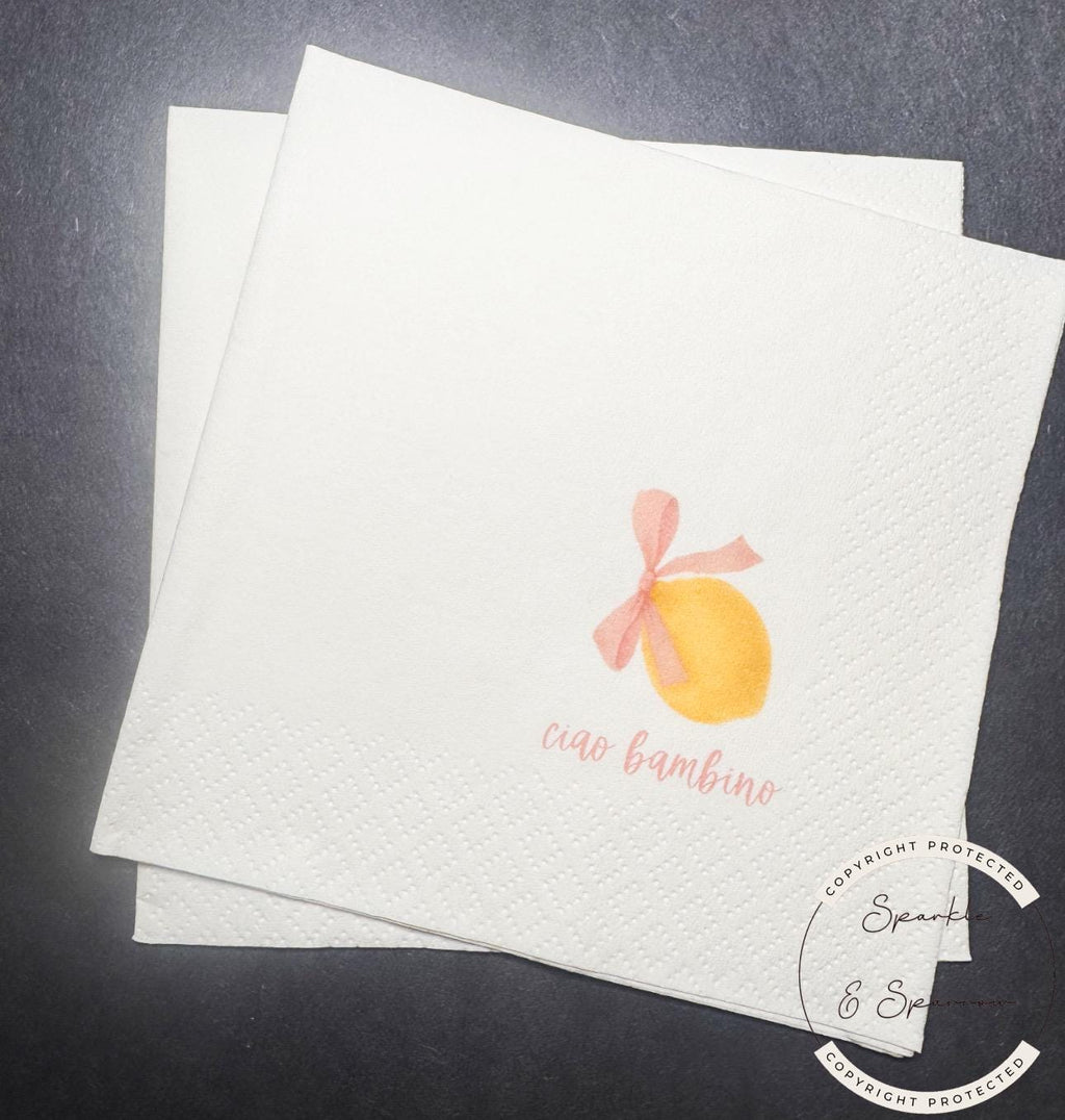 Ciao Bambino Lemon Oh Baby Pink Bow Italian Baby Shower Lemon Baby Shower Summer Lemon Baby Cocktail, Luncheon or Dinner Napkins Set of 25