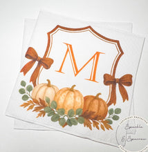 Load image into Gallery viewer, Thanksgiving Napkins Pumpkin Brown Bow Monogram Brown Pumpkin Baby Shower Thanksgiving Table Decor Personalized Cocktail Napkins, Set of 25
