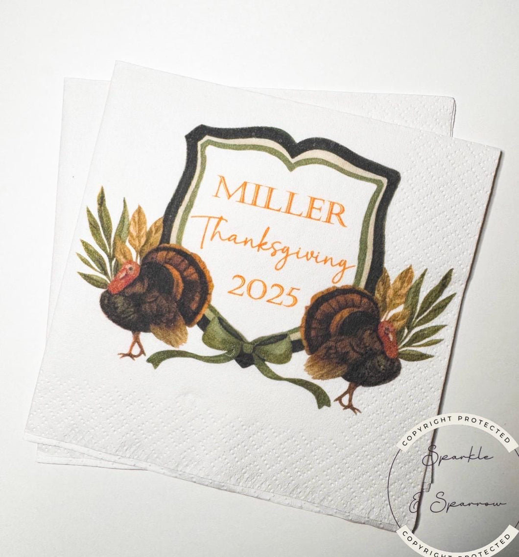 Thanksgiving Napkins Farmhouse Turkey Thanksgiving Dinner Napkins Thanksgiving Table Decor Personalized Cocktail Napkins, Set of 25