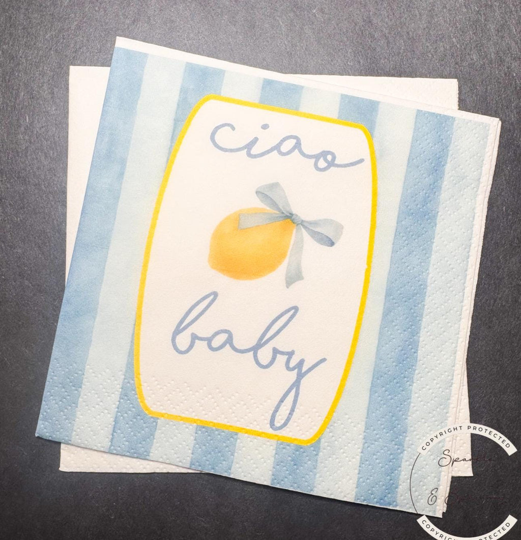 Ciao Baby Lemon Oh Baby Blue Bow Italian Baby Shower Lemon Baby Shower Summer Lemon Baby Cocktail, Luncheon or Dinner Napkins Set of 25