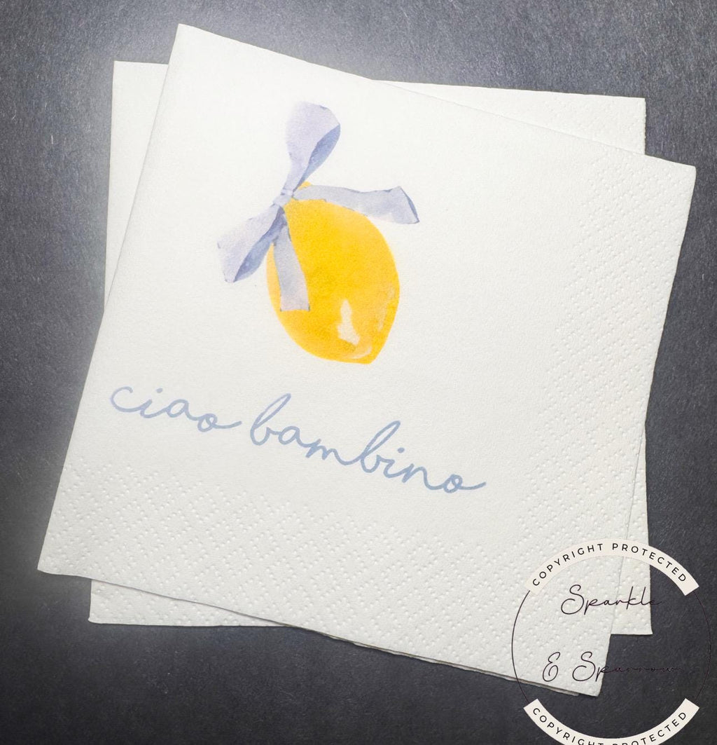 Ciao Bambino Lemon Oh Baby Blue Bow Italian Baby Shower Lemon Baby Shower Summer Lemon Baby Cocktail, Luncheon or Dinner Napkins Set of 25