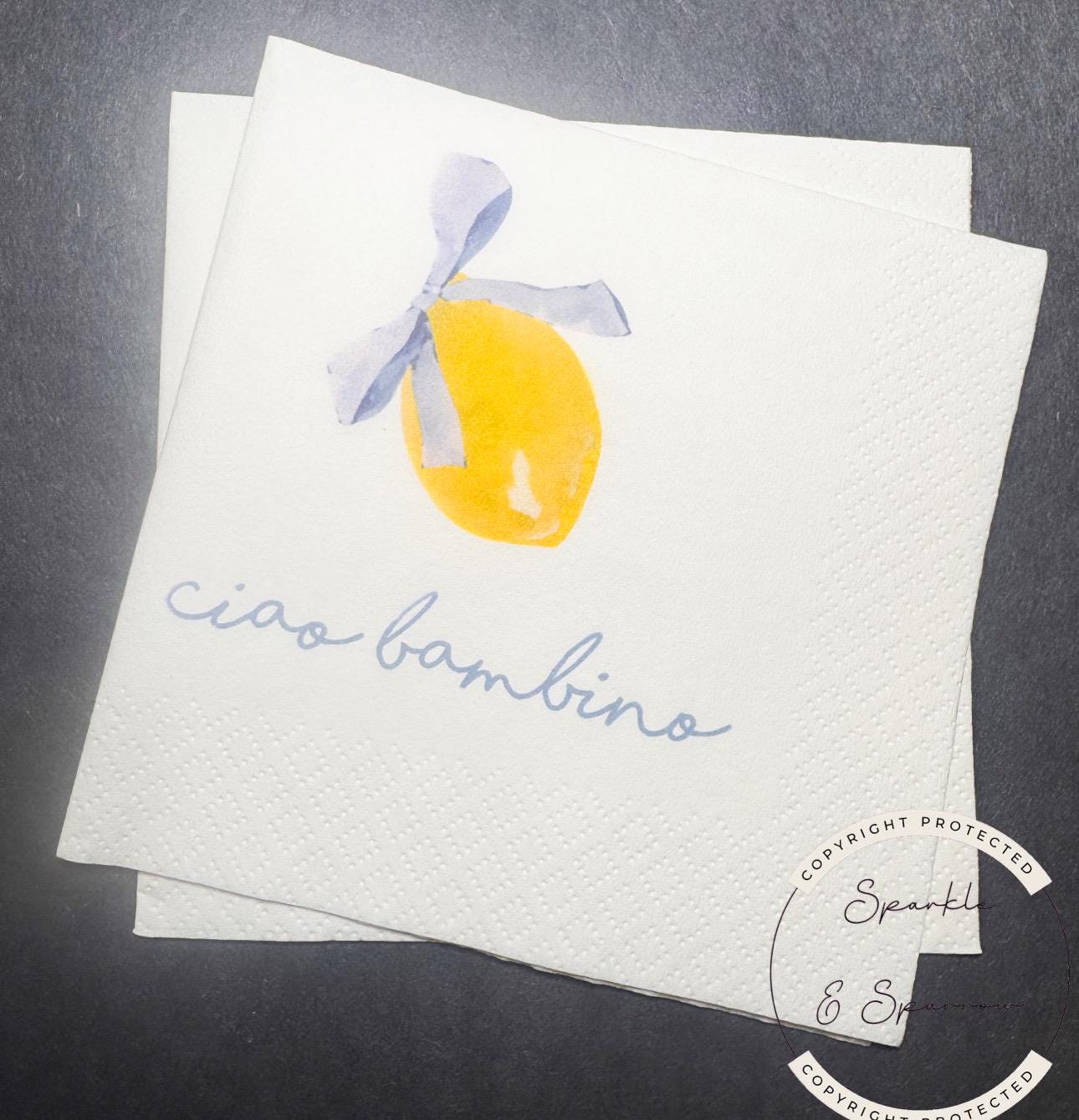 Ciao Bambino Lemon Oh Baby Blue Bow Italian Baby Shower Lemon Baby Shower Summer Lemon Baby Cocktail, Luncheon or Dinner Napkins Set of 25