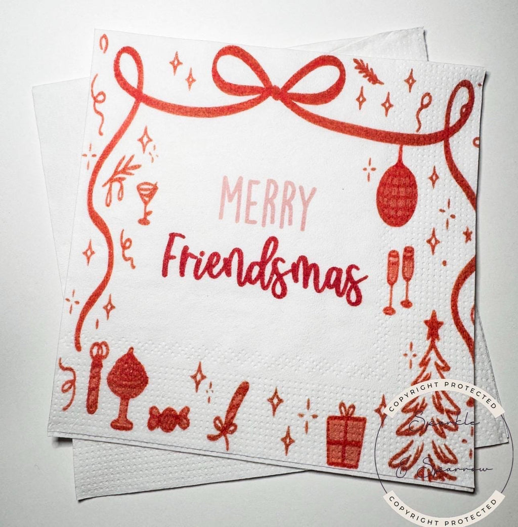 Friendsmas Christmas Party Red Bow Christmas Napkins Very Merry Friendsmas It’s giving Friendsmas Pink Red Christmas Bow Napkins, Set of 25